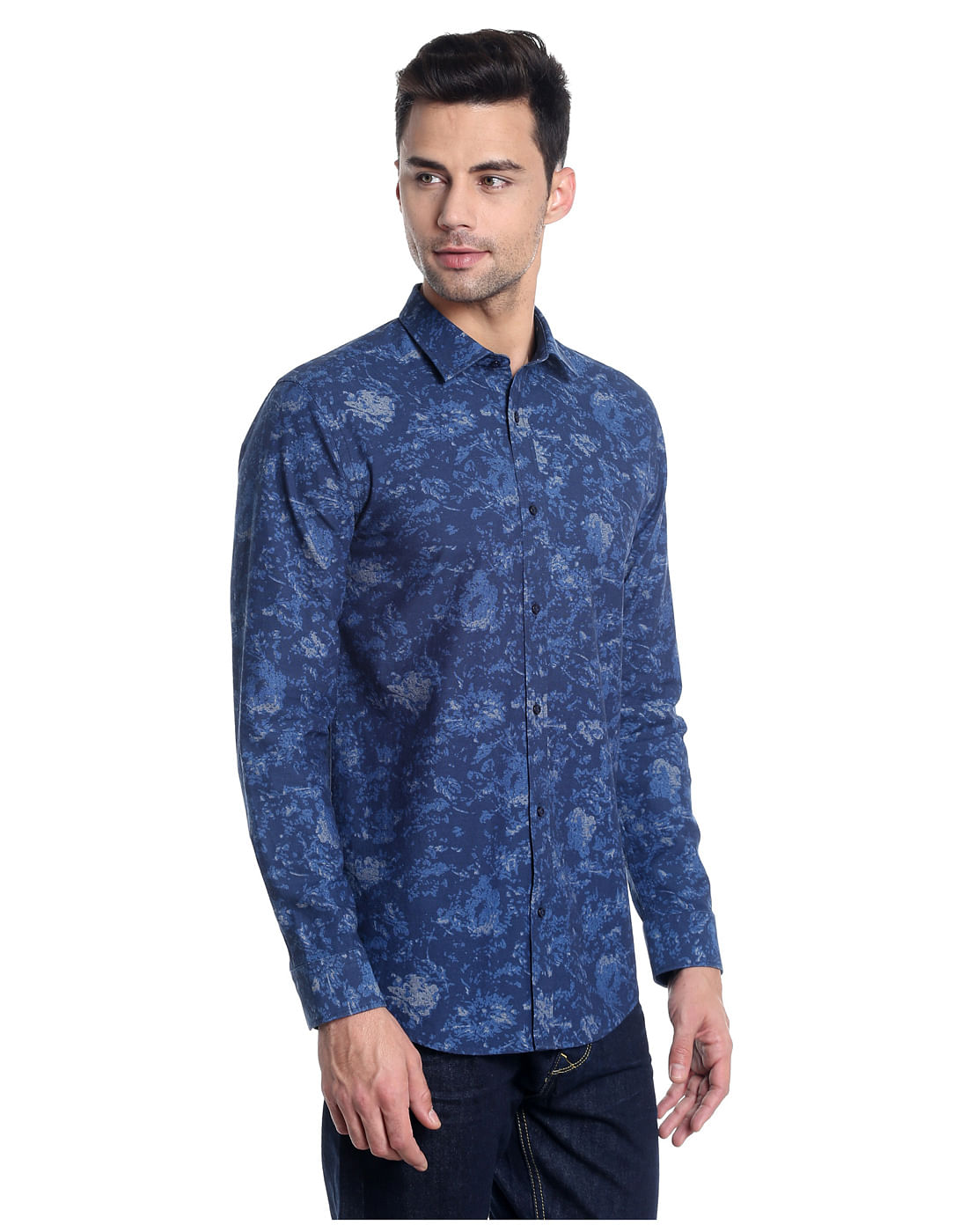 Dark Blue Denim Printed Slim Shirt