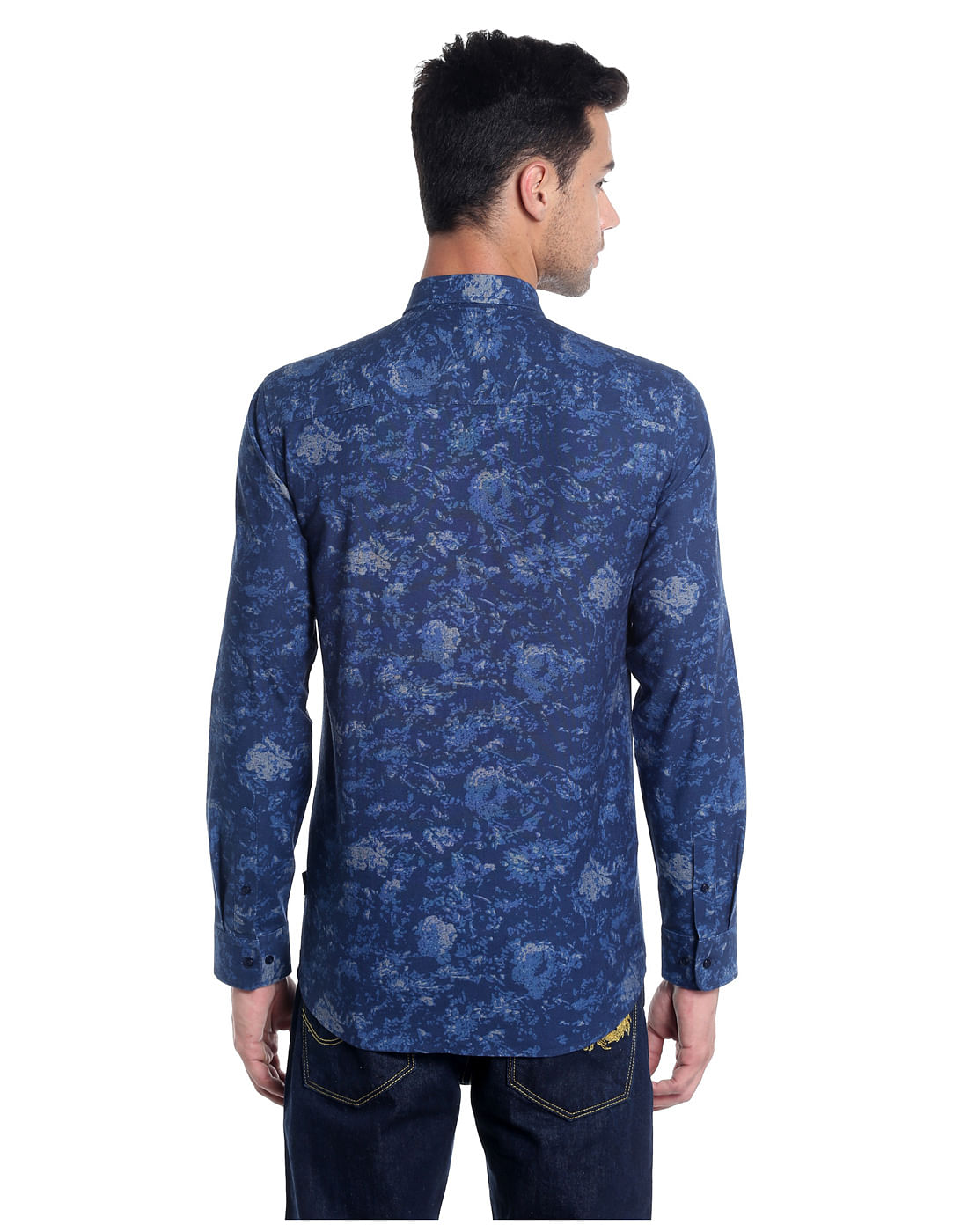 Dark Blue Denim Printed Slim Shirt