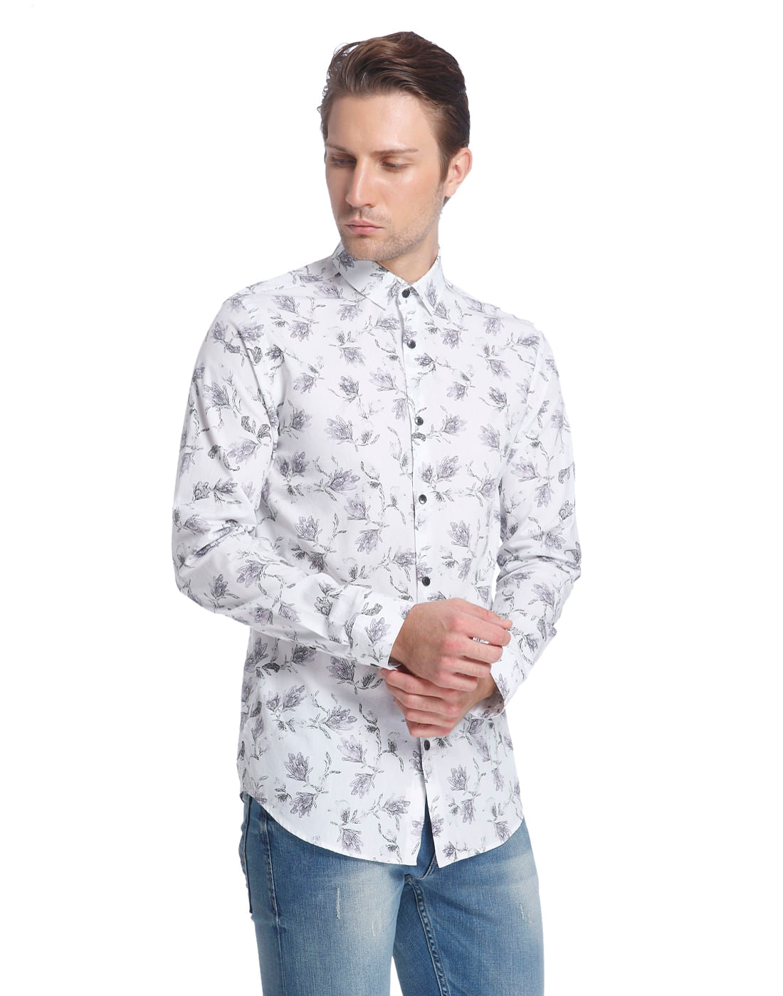 White Floral Print Slim Fit Shirt