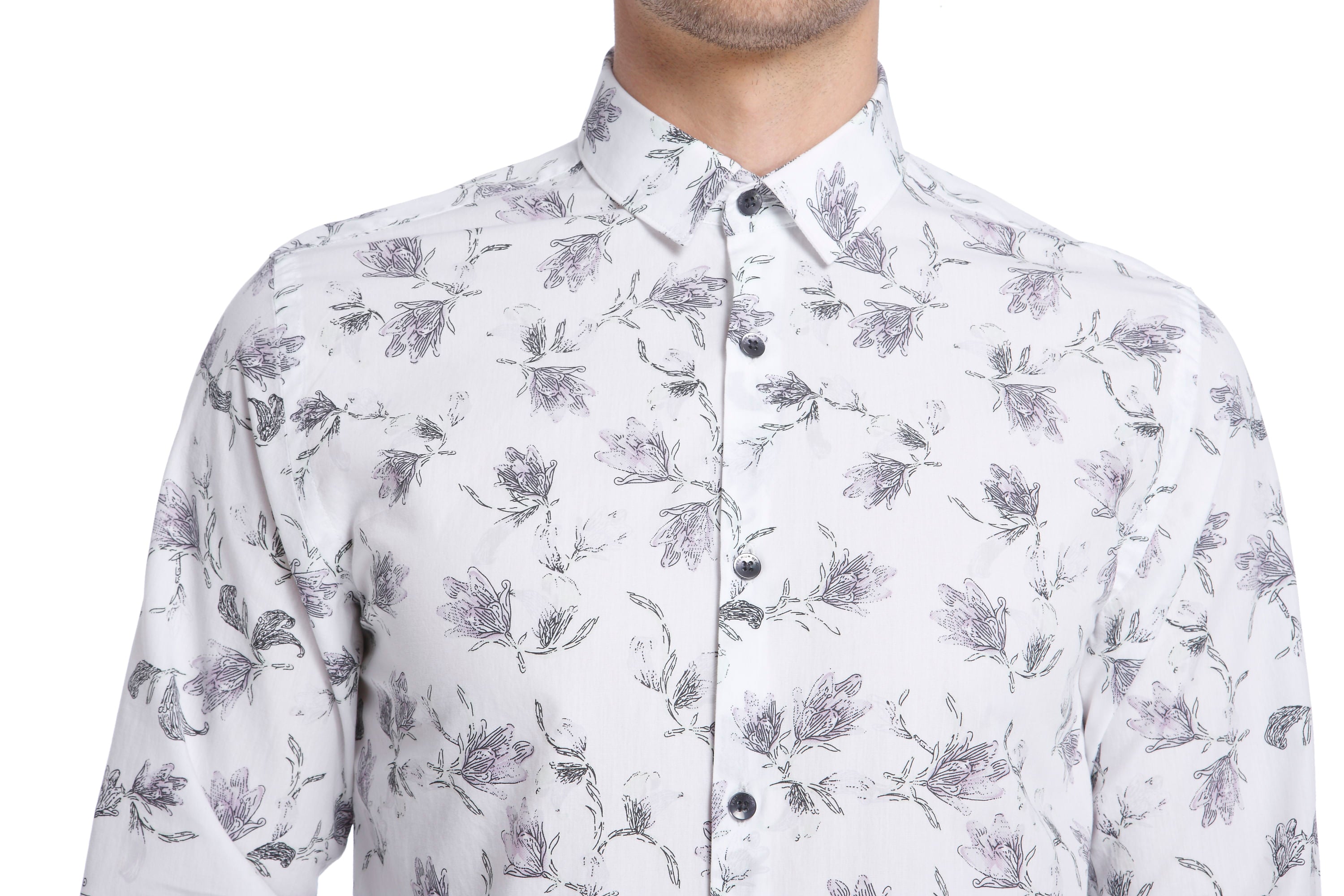 White Floral Print Slim Fit Shirt
