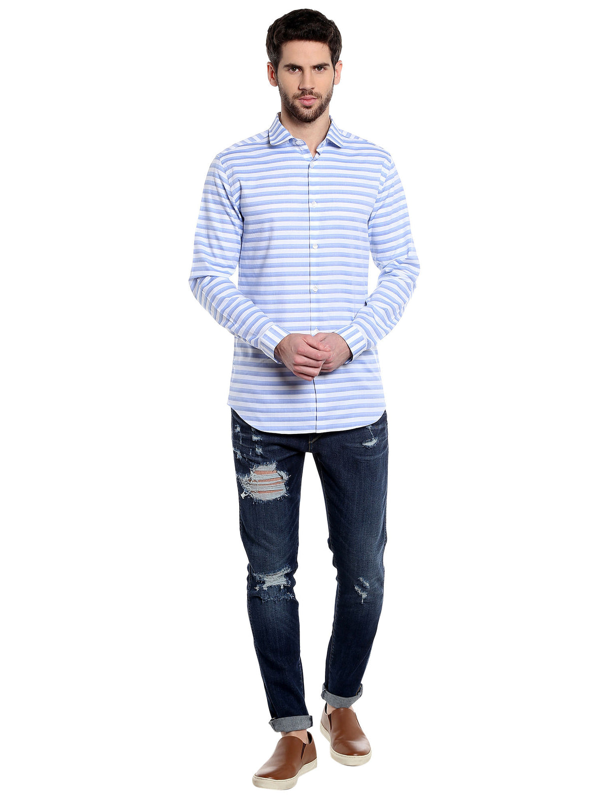 White & Blue Striped Slim Fit Shirt - S