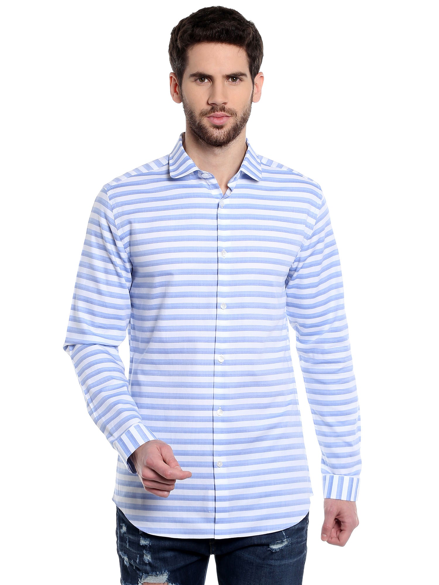 White & Blue Striped Slim Fit Shirt
