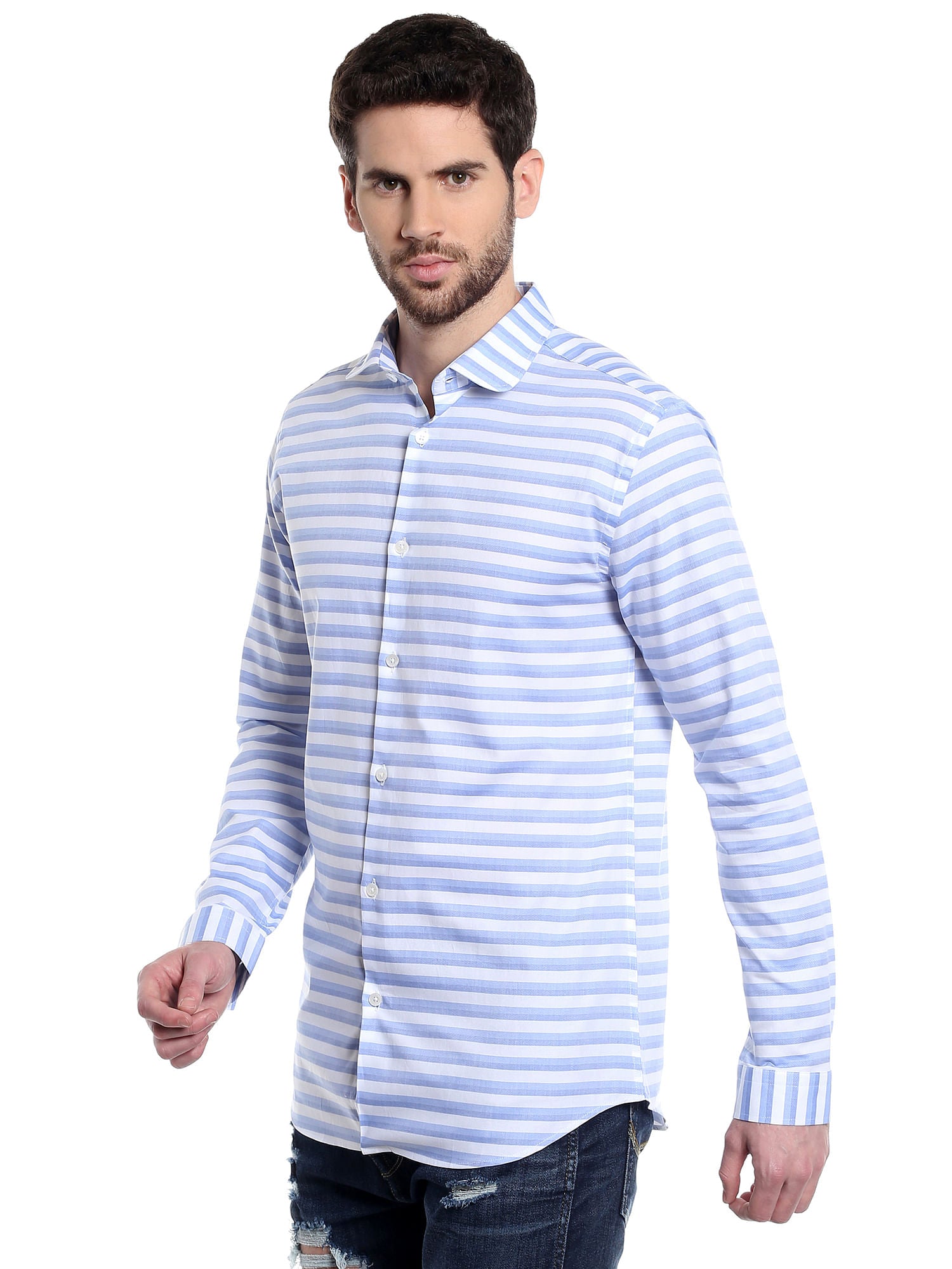White & Blue Striped Slim Fit Shirt