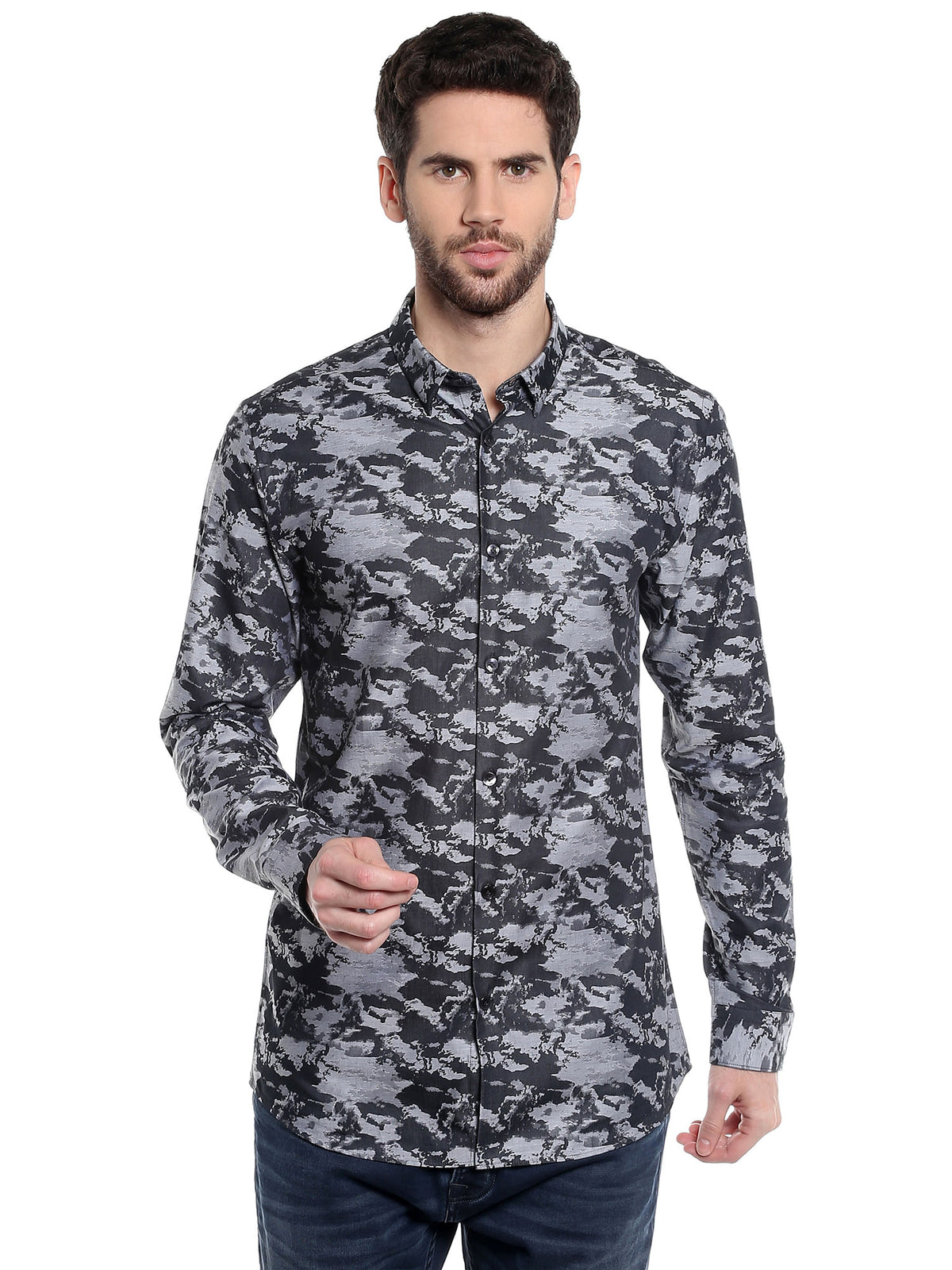 Black Printed Slim Fit Shirt - S