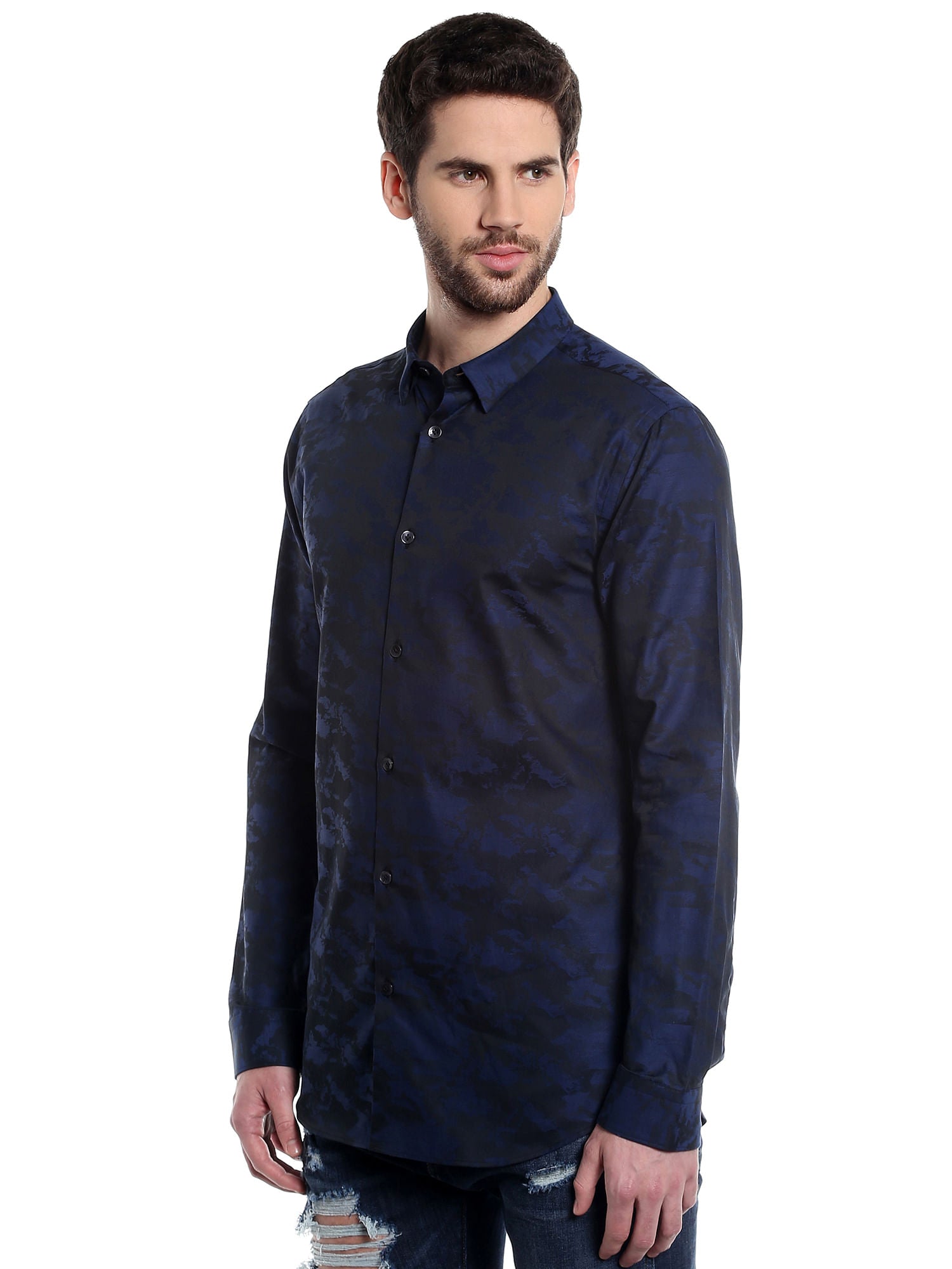 Dark Blue Printed Slim Fit Shirt