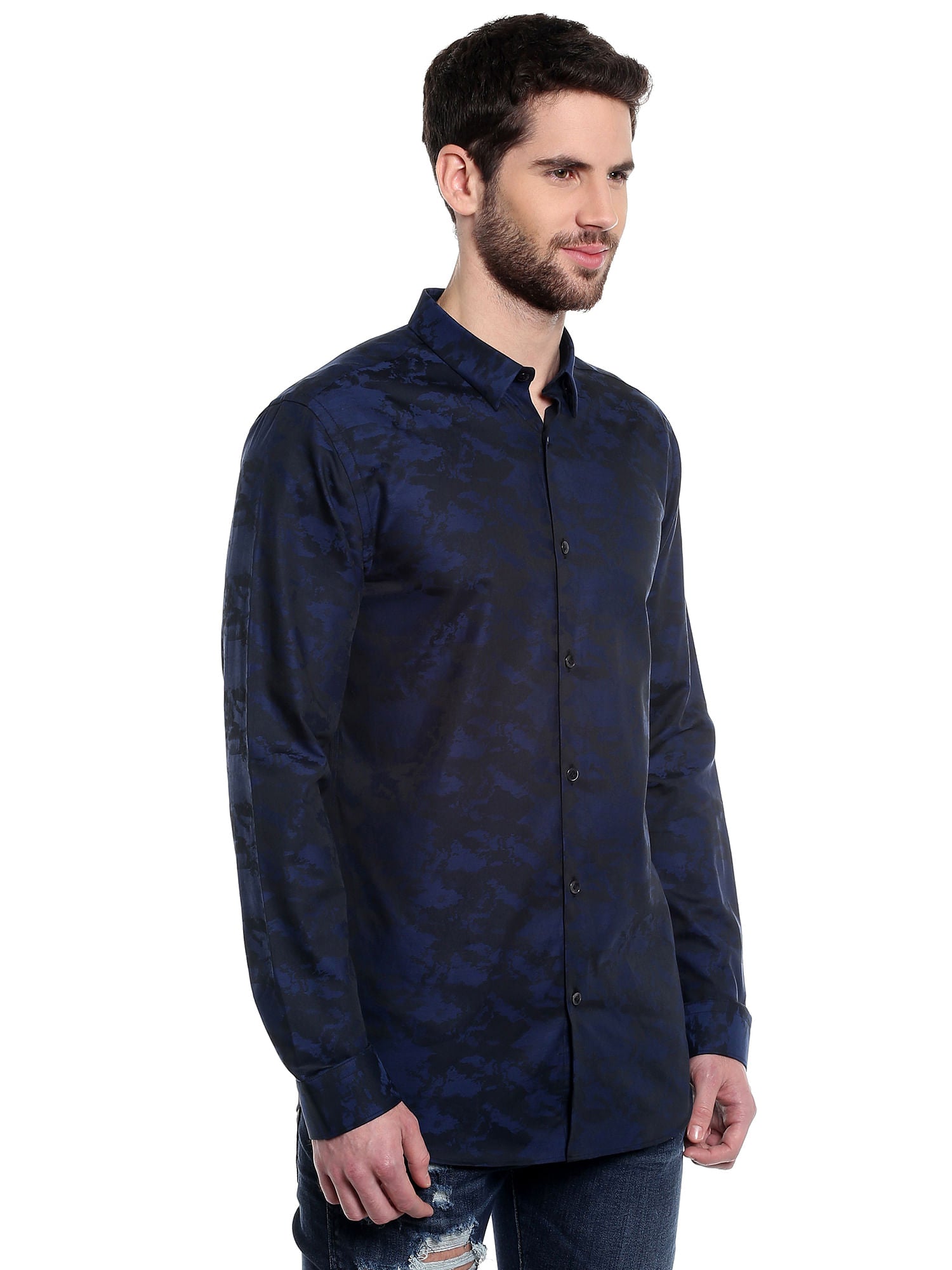 Dark Blue Printed Slim Fit Shirt