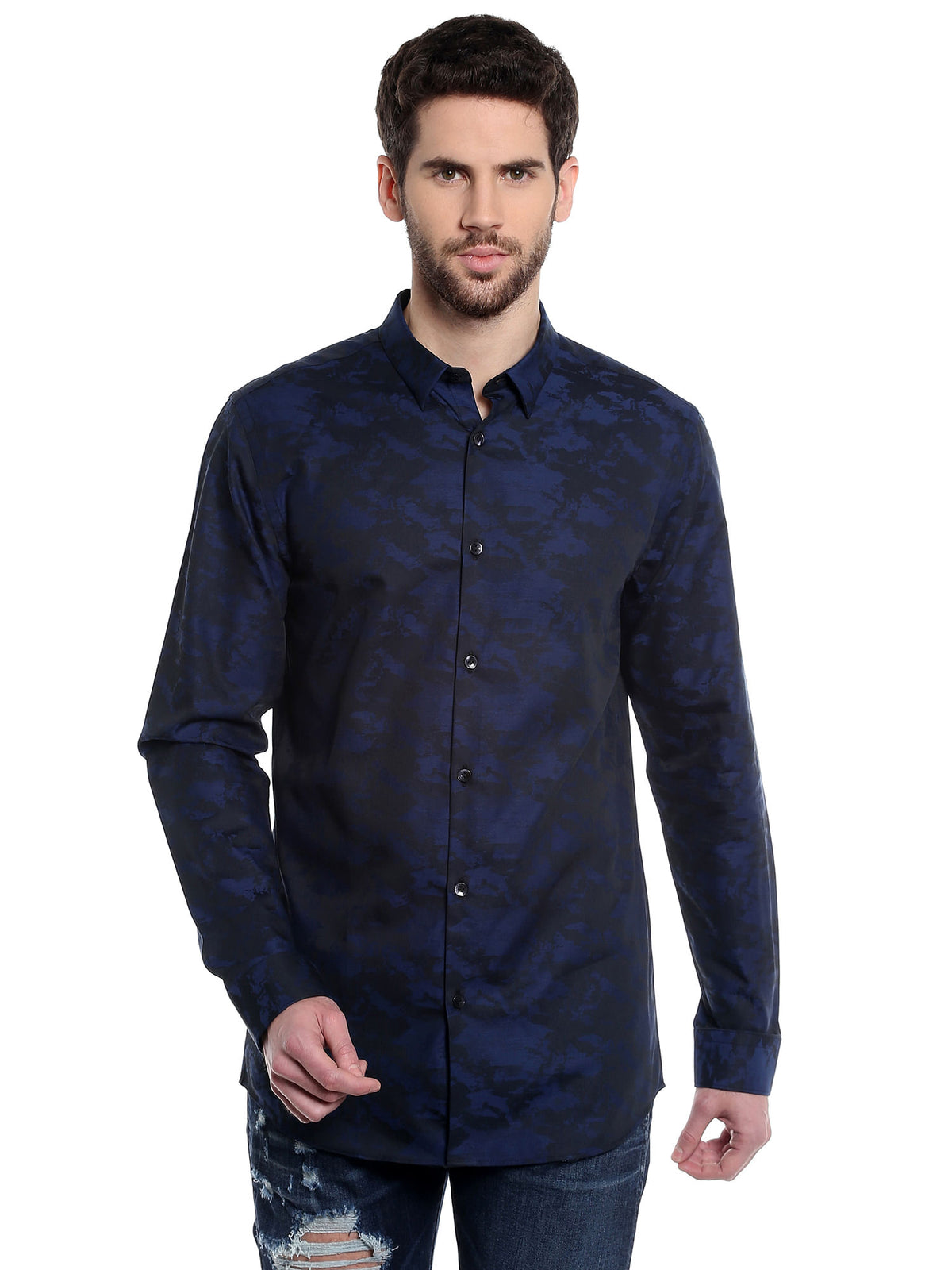 Dark Blue Printed Slim Fit Shirt - S