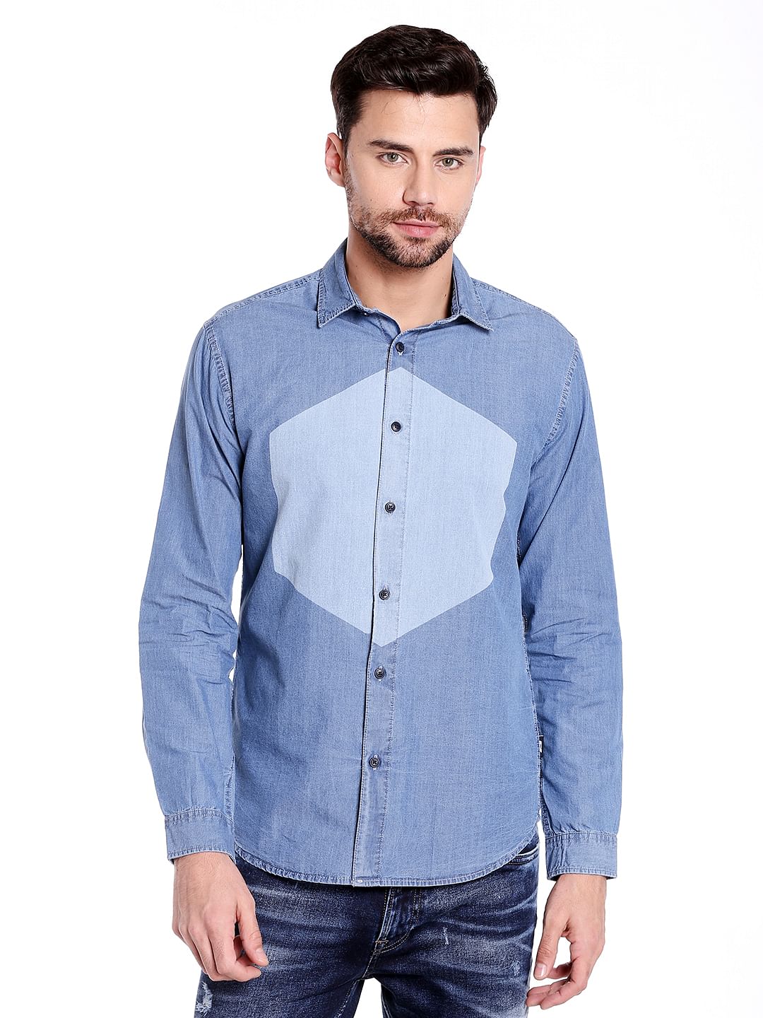 Dark Blue Colour Blocked Denim Shirt - S