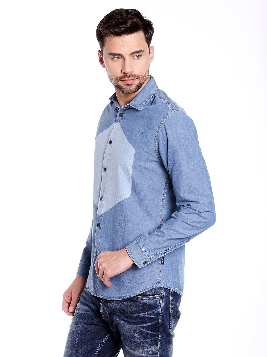 Dark Blue Colour Blocked Denim Shirt