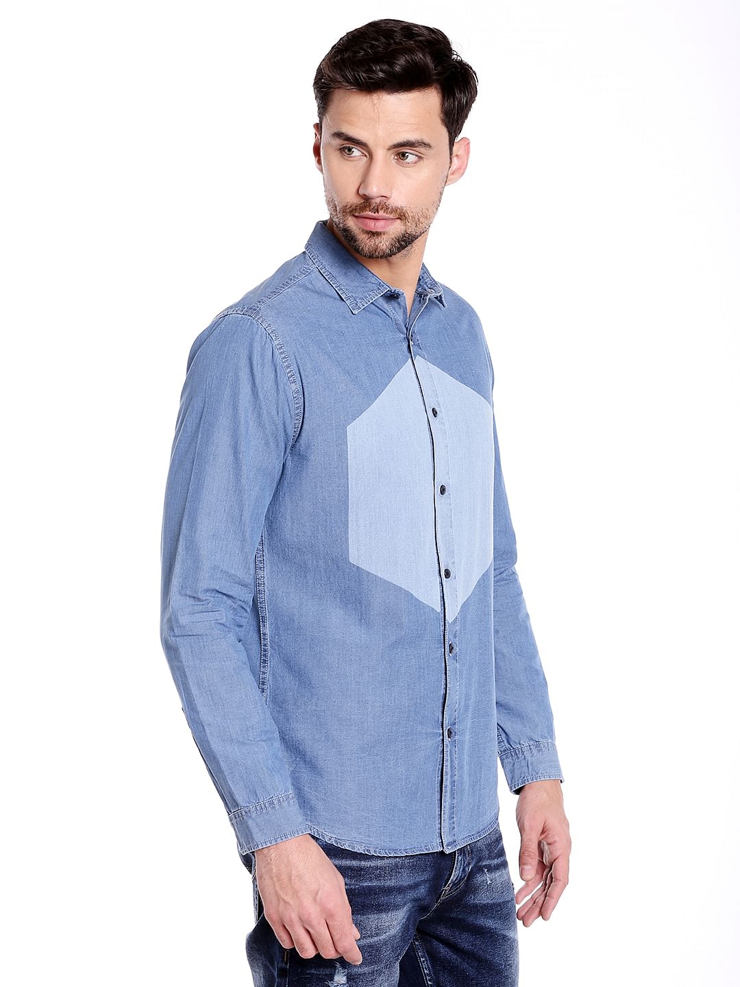 Dark Blue Colour Blocked Denim Shirt