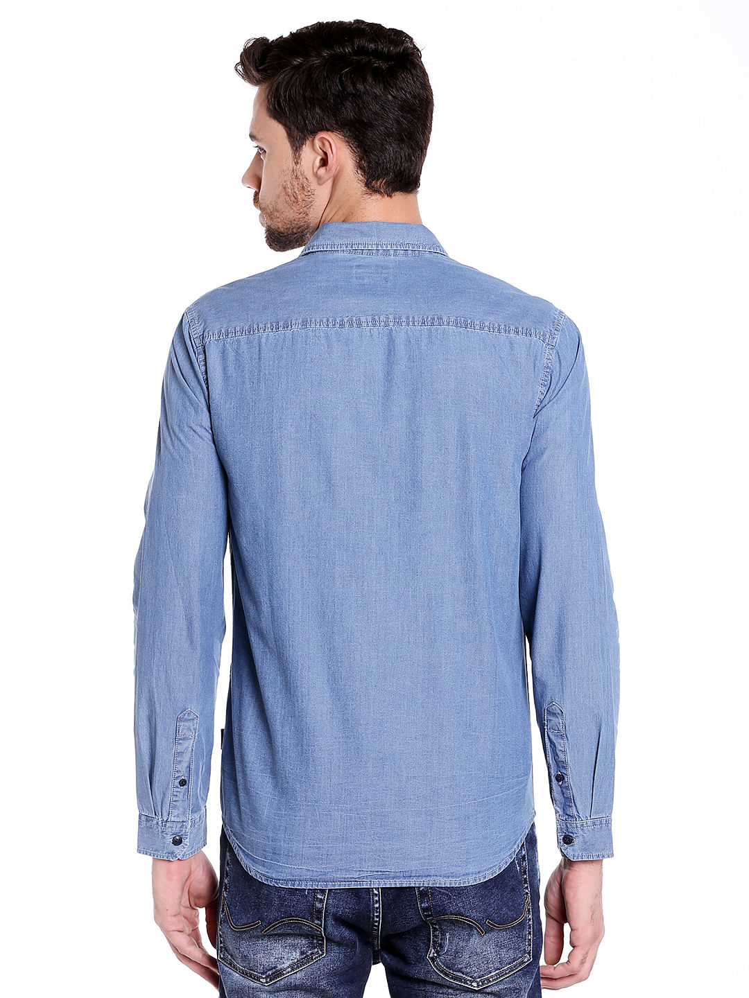 Dark Blue Colour Blocked Denim Shirt