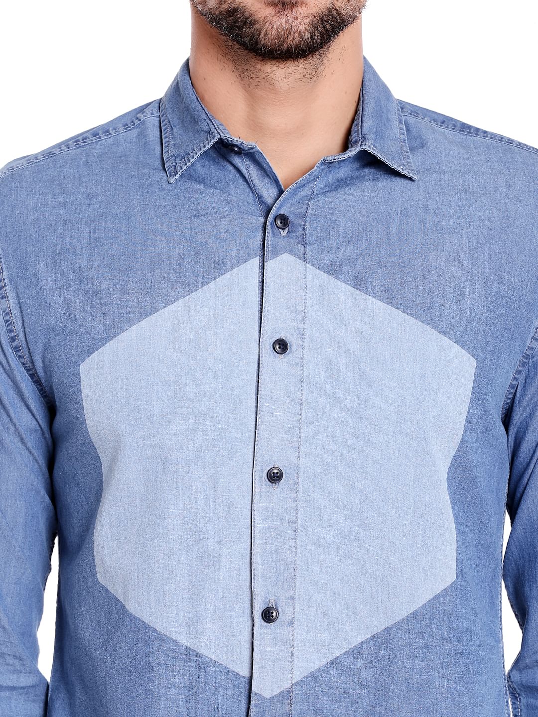 Dark Blue Colour Blocked Denim Shirt