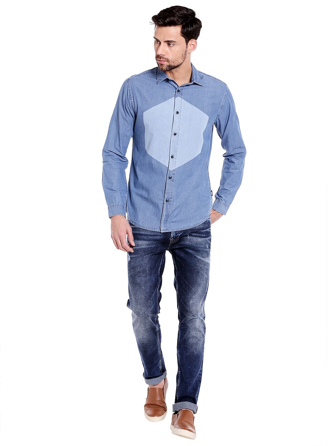 Dark Blue Colour Blocked Denim Shirt