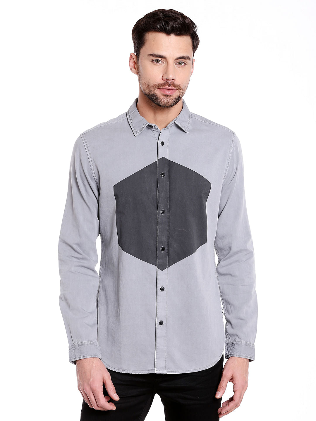 Grey Colour Blocked Denim Shirt - S
