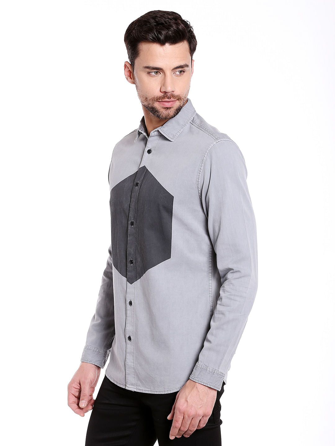 Grey Colour Blocked Denim Shirt