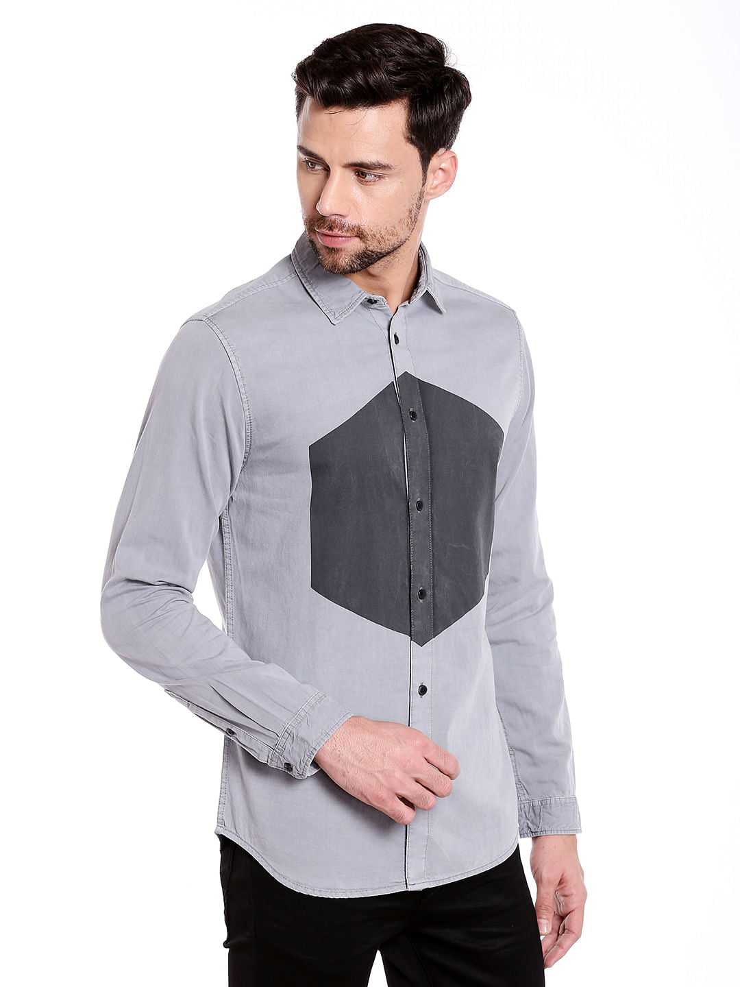 Grey Colour Blocked Denim Shirt