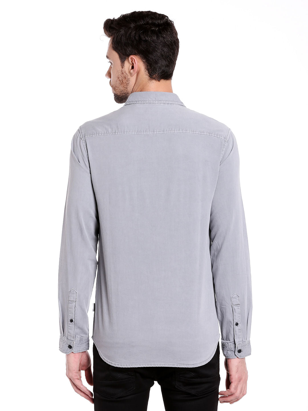 Grey Colour Blocked Denim Shirt