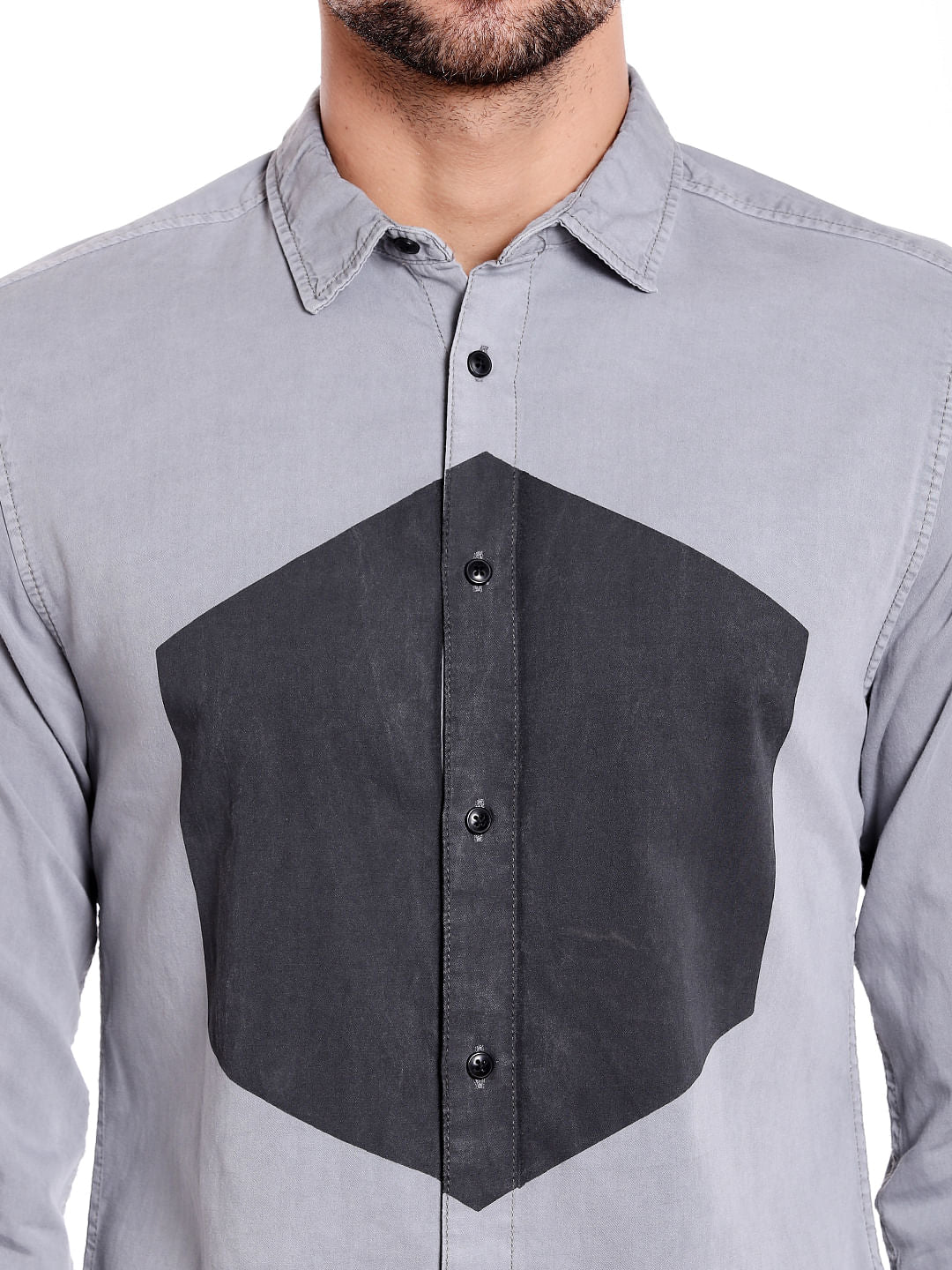 Grey Colour Blocked Denim Shirt