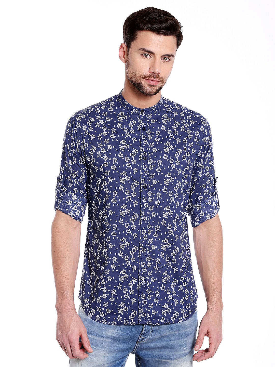 Blue Floral Print Long Sleeves Shirt - S