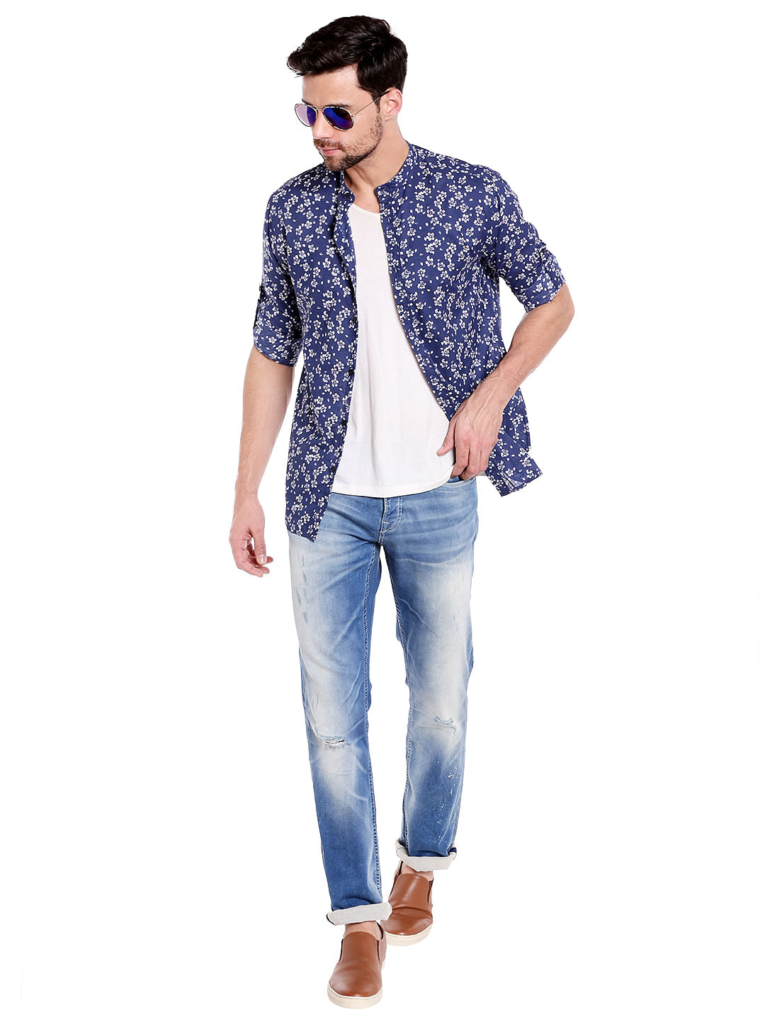 Blue Floral Print Long Sleeves Shirt