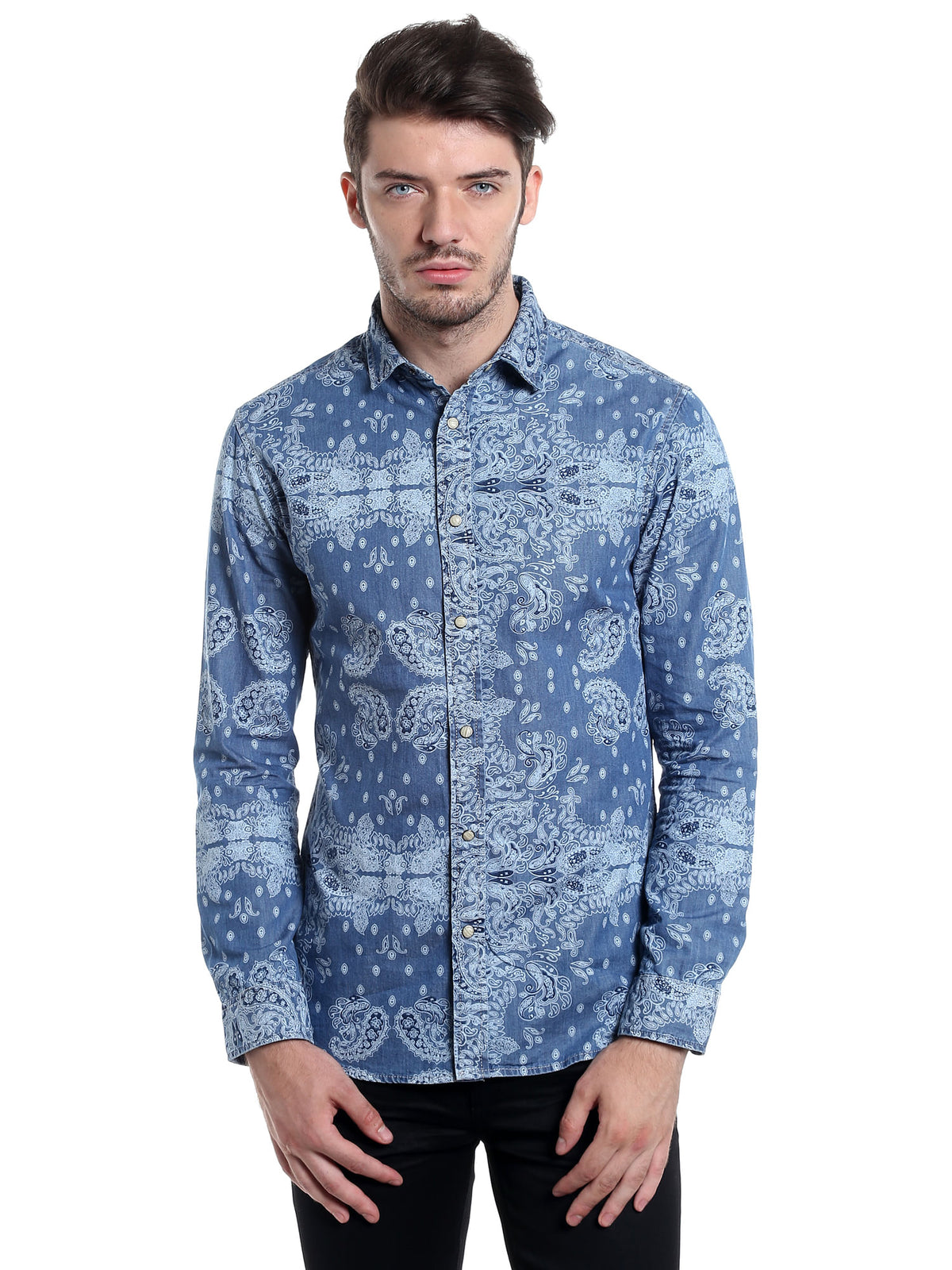 Baroque Print Blue Denim Shirt - S