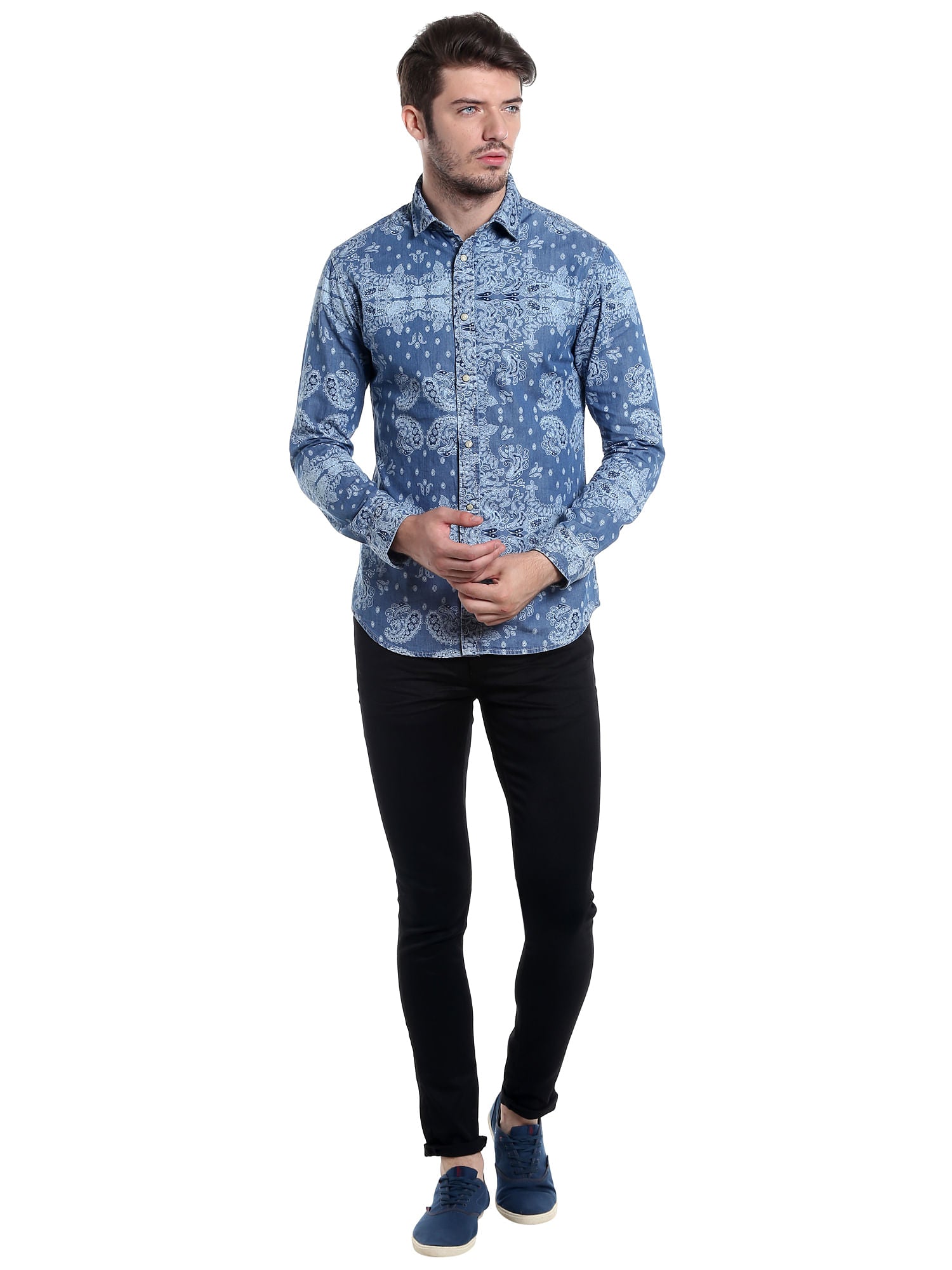 Baroque Print Blue Denim Shirt