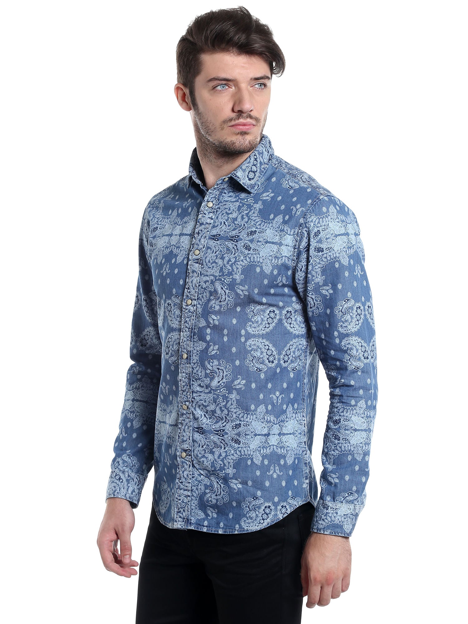 Baroque Print Blue Denim Shirt