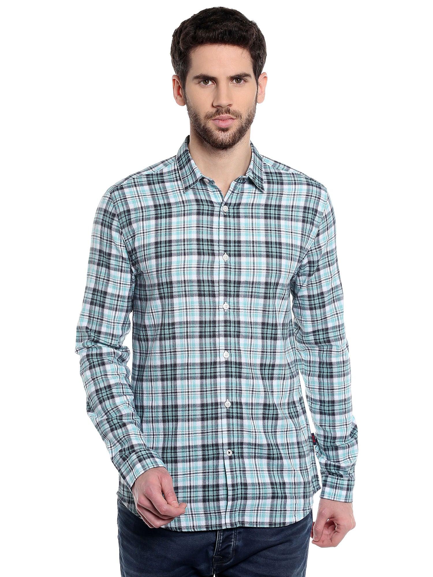 Aqua Blue Long Sleeves Check Shirt