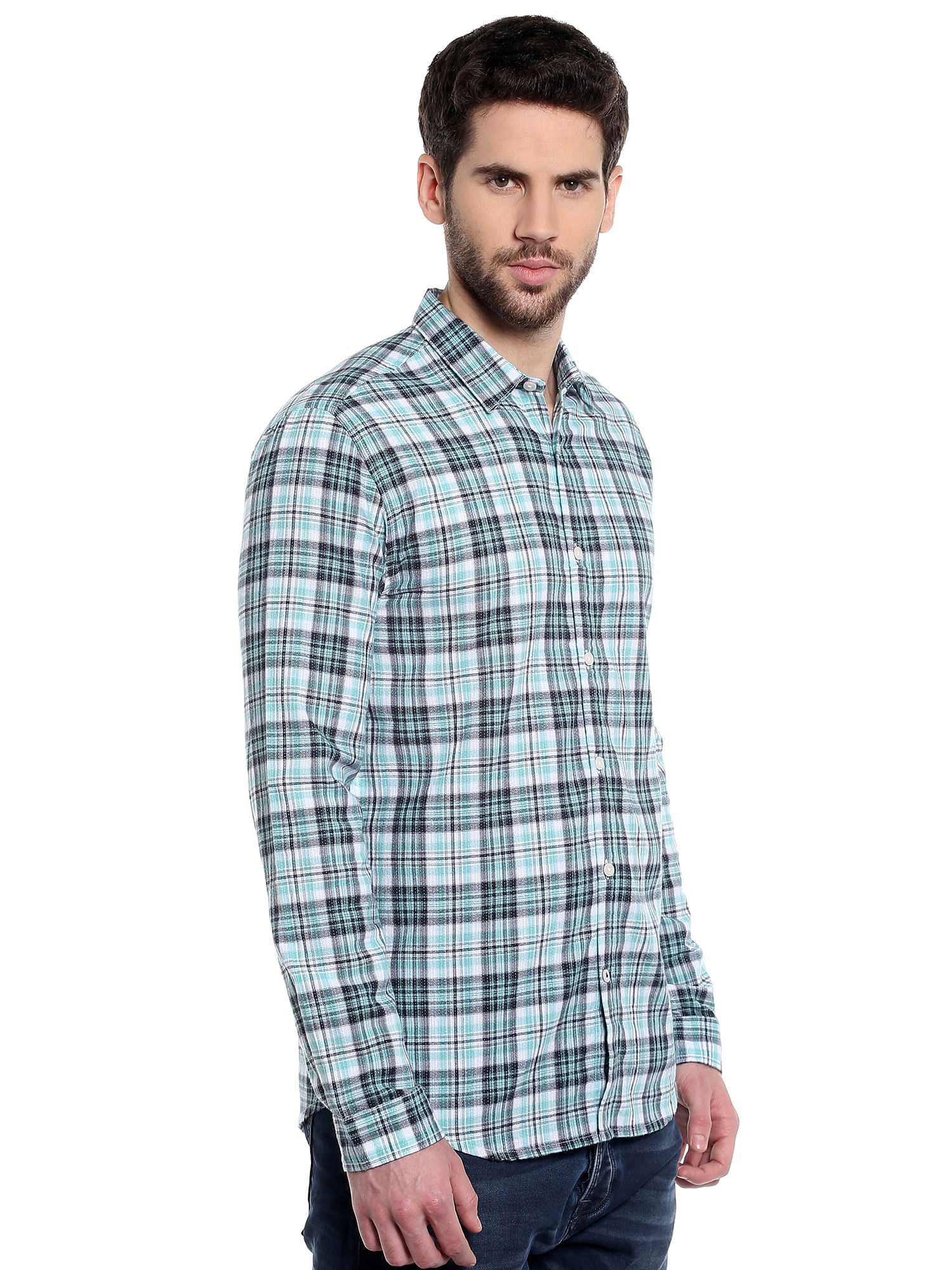 Aqua Blue Long Sleeves Check Shirt
