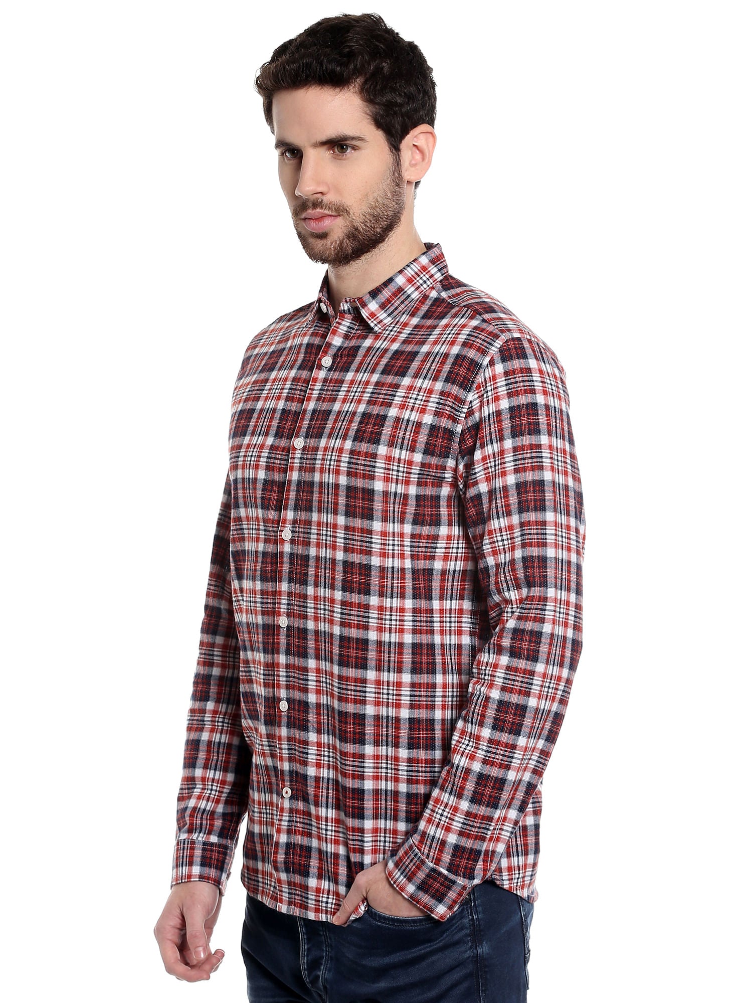 Red Long Sleeves Check Shirt