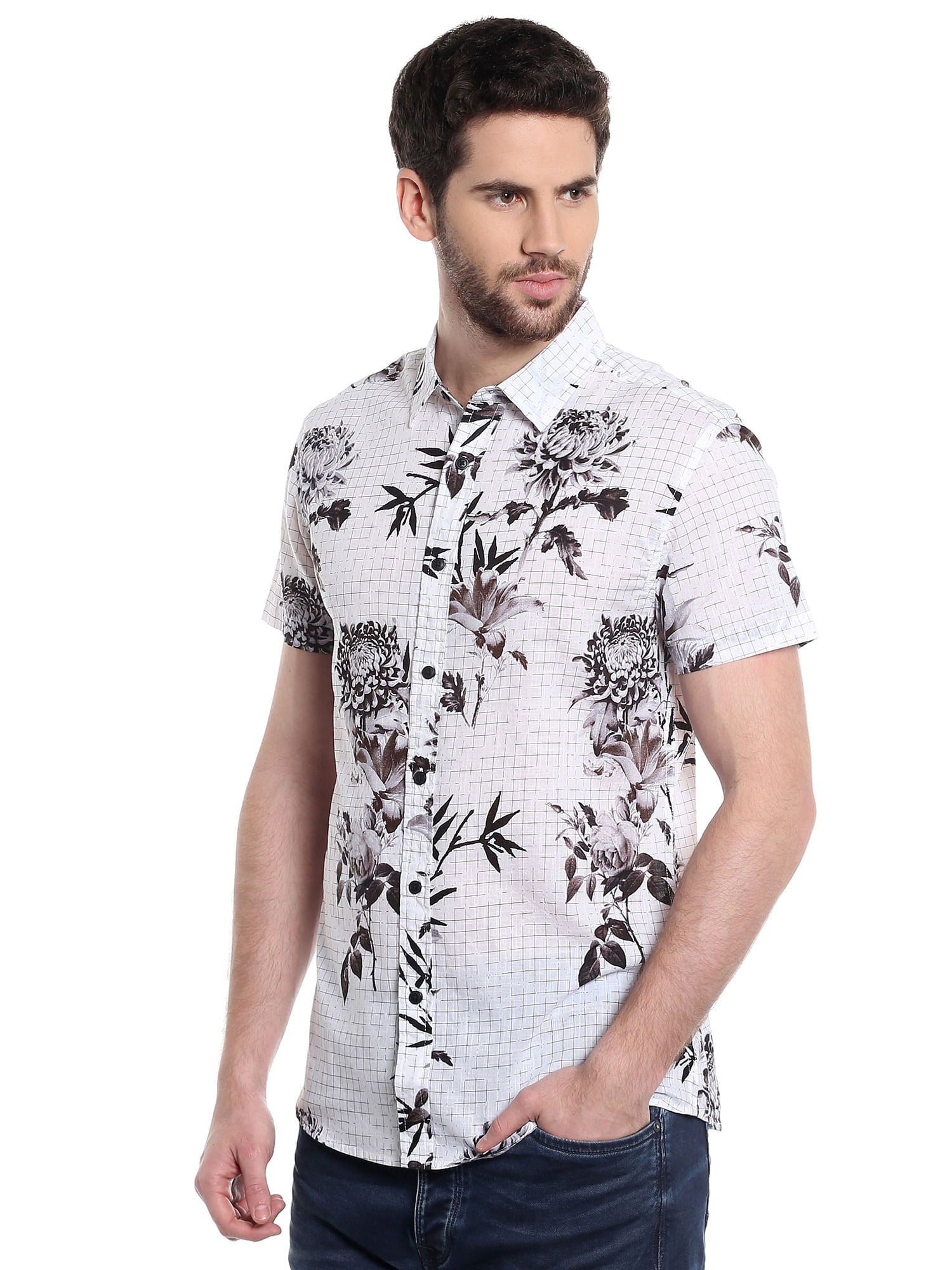 White Floral Print Slim Fit Shirt
