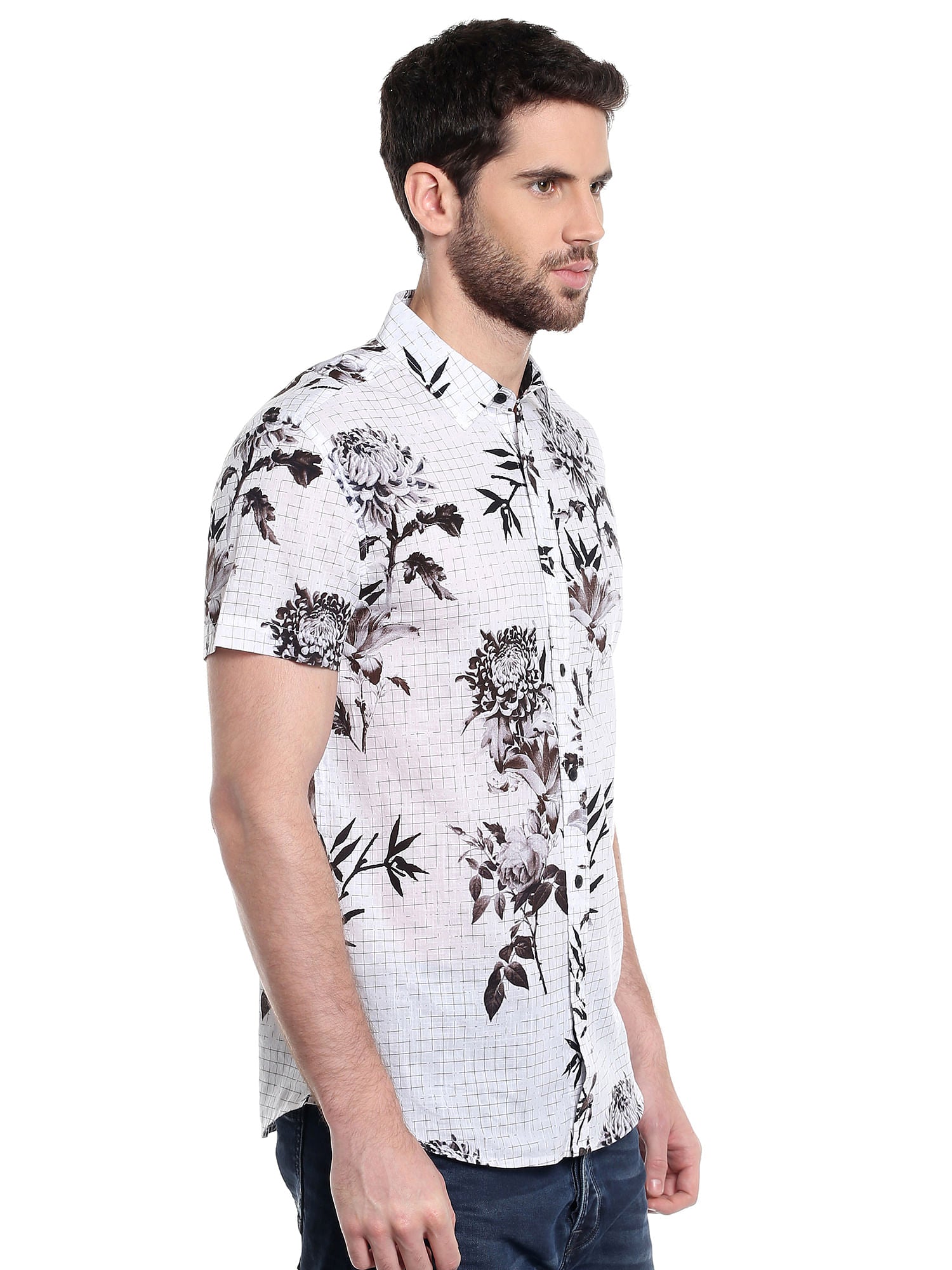 White Floral Print Slim Fit Shirt