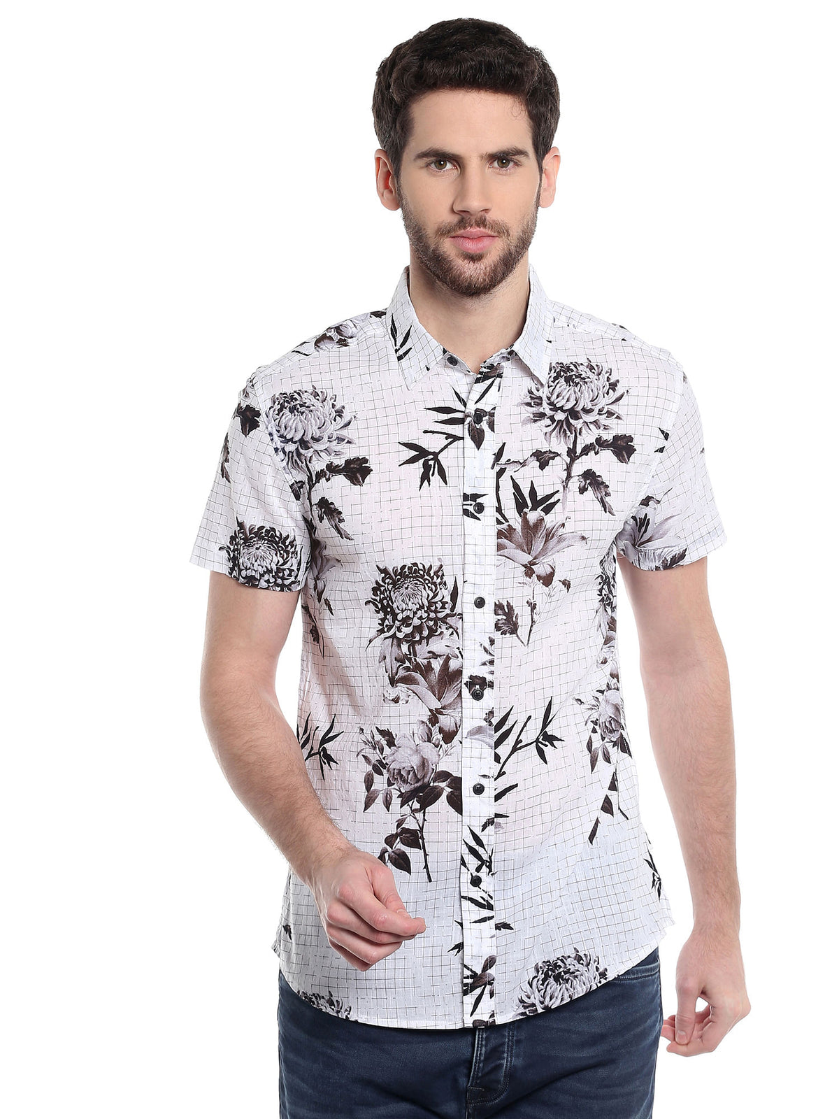 White Floral Print Slim Fit Shirt - S