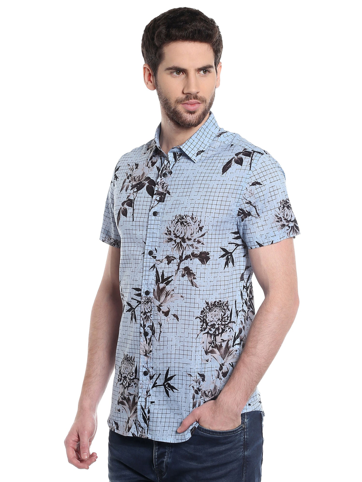 Blue Floral Print Slim Fit Shirt