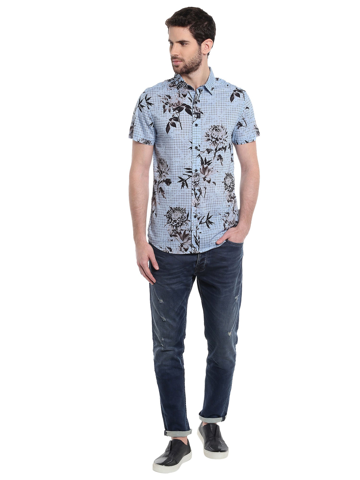 Blue Floral Print Slim Fit Shirt