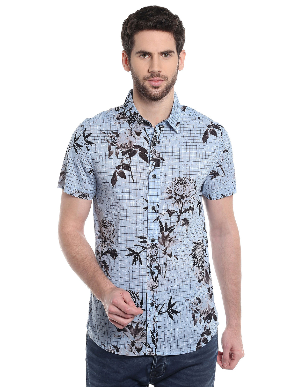 Blue Floral Print Slim Fit Shirt - S