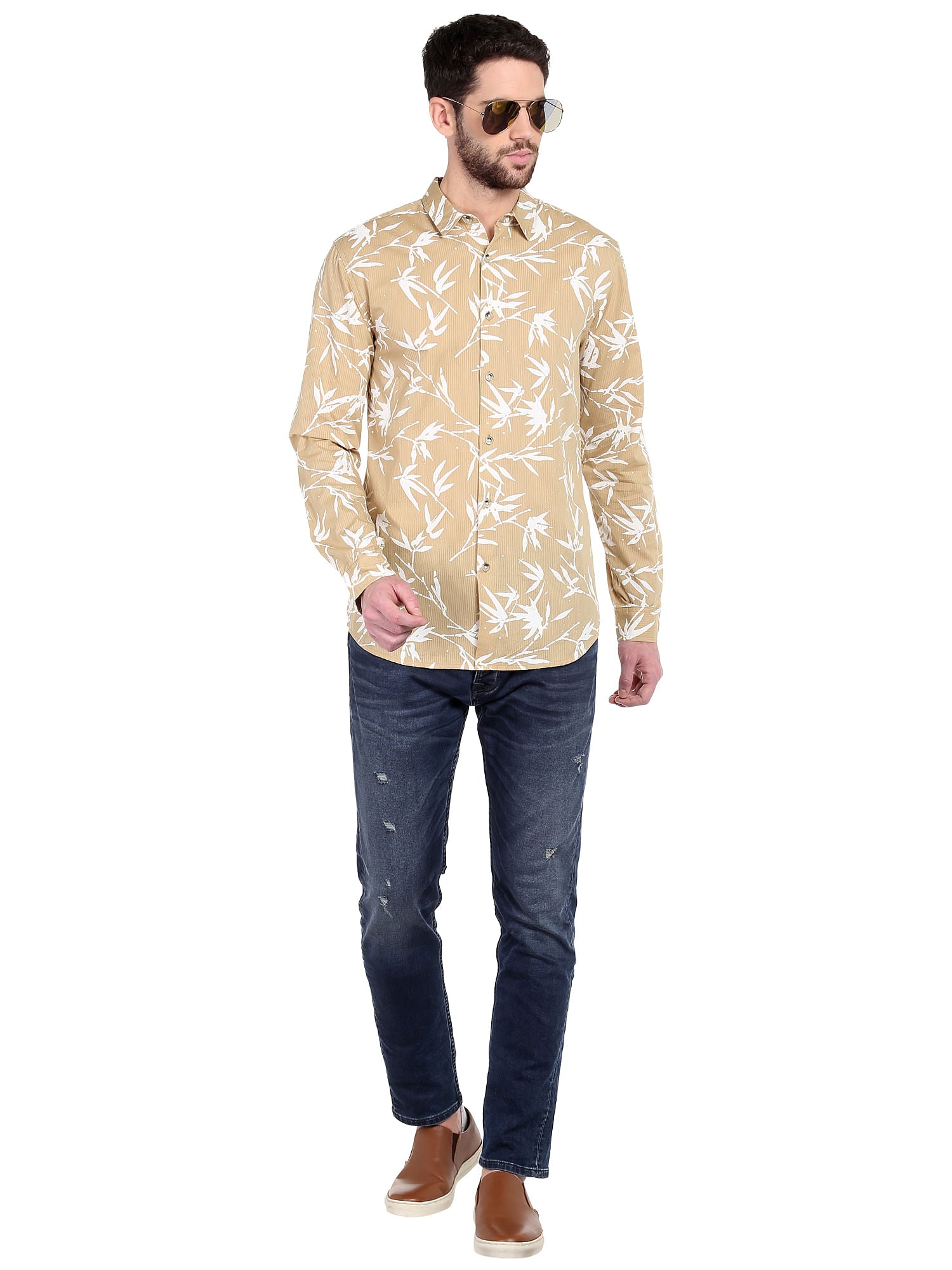 Beige Foliage Print Slim Fit Shirt