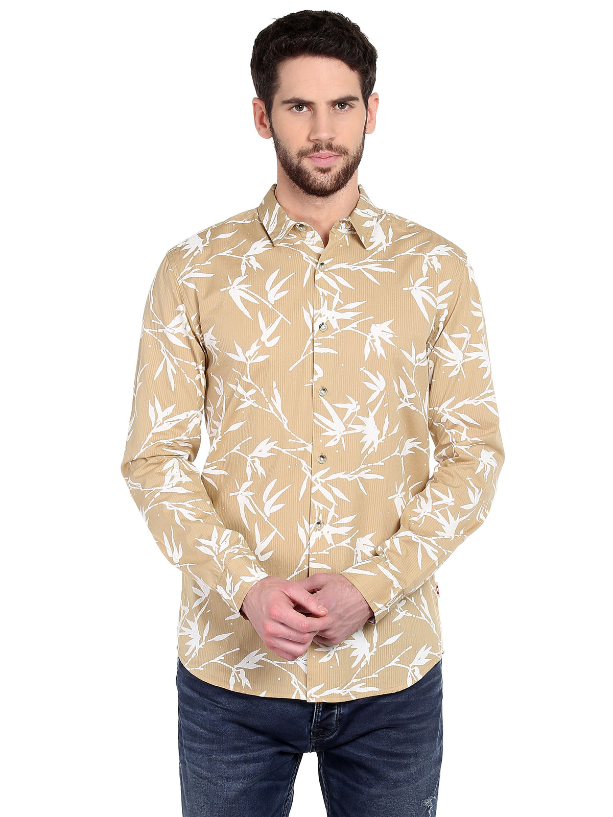 Beige Foliage Print Slim Fit Shirt - S