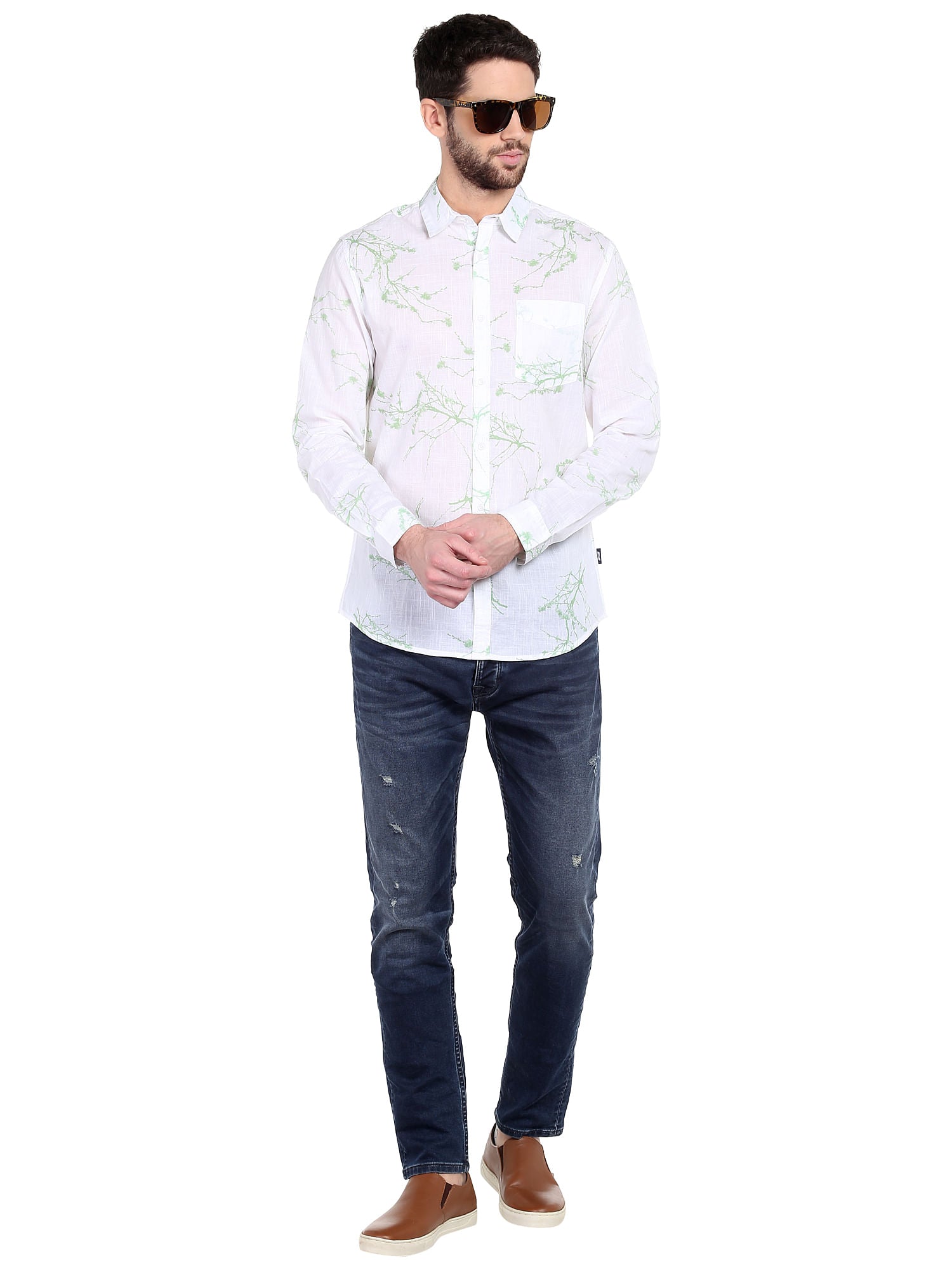 White Foliage Print Slim Fit Shirt
