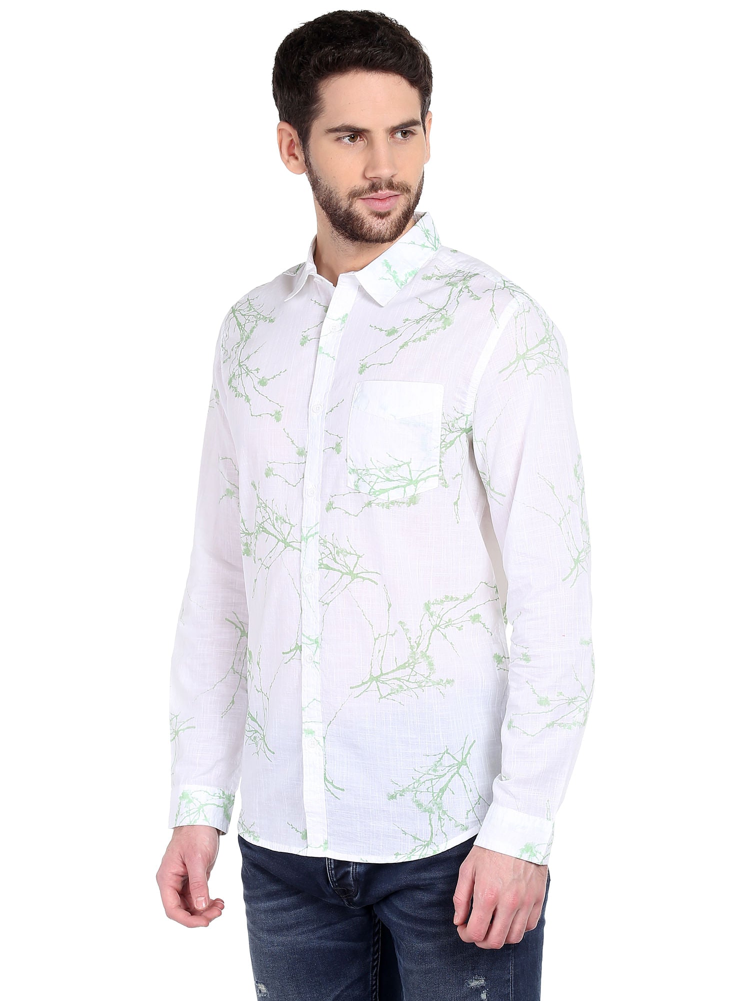 White Foliage Print Slim Fit Shirt