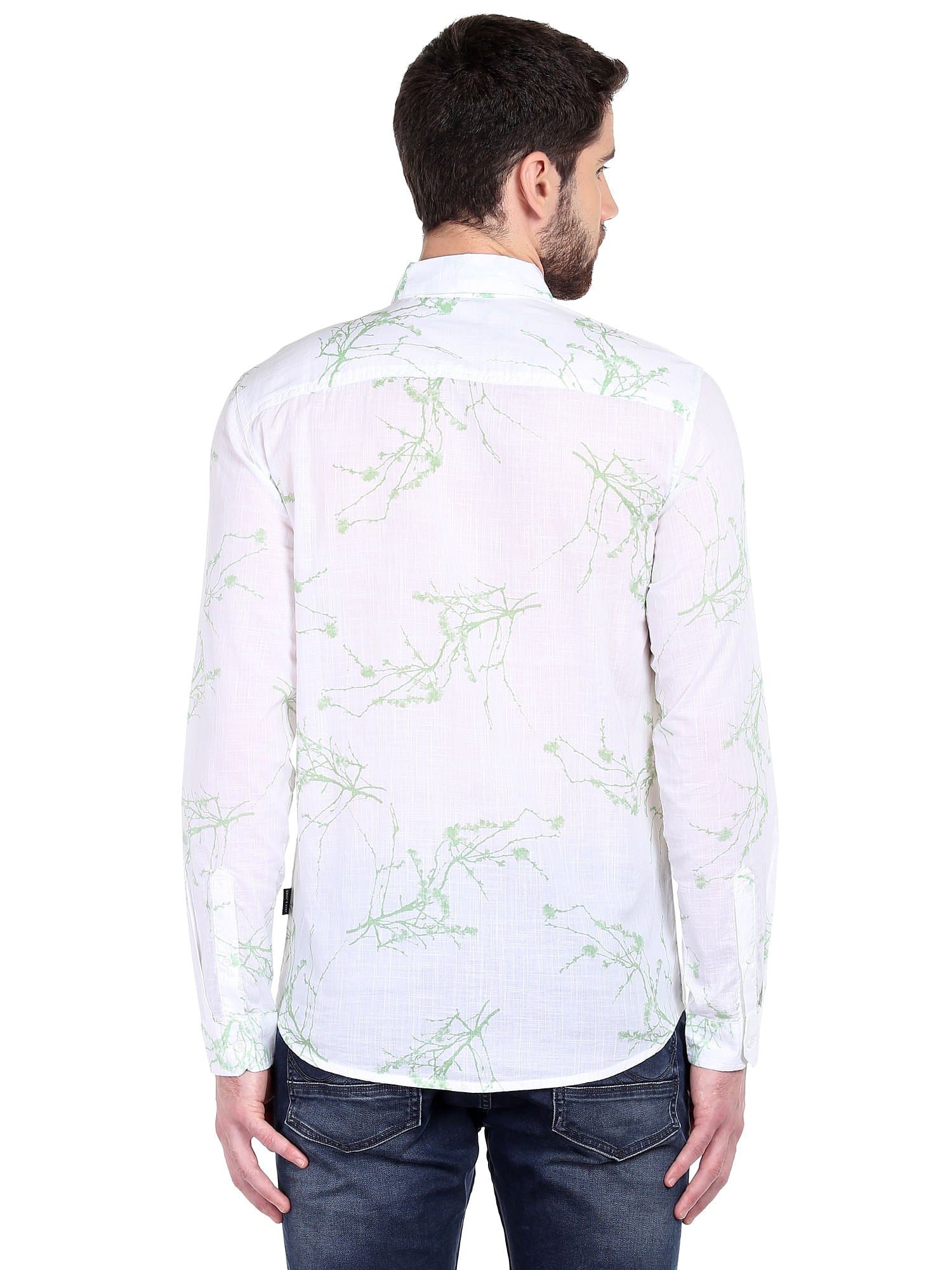 White Foliage Print Slim Fit Shirt