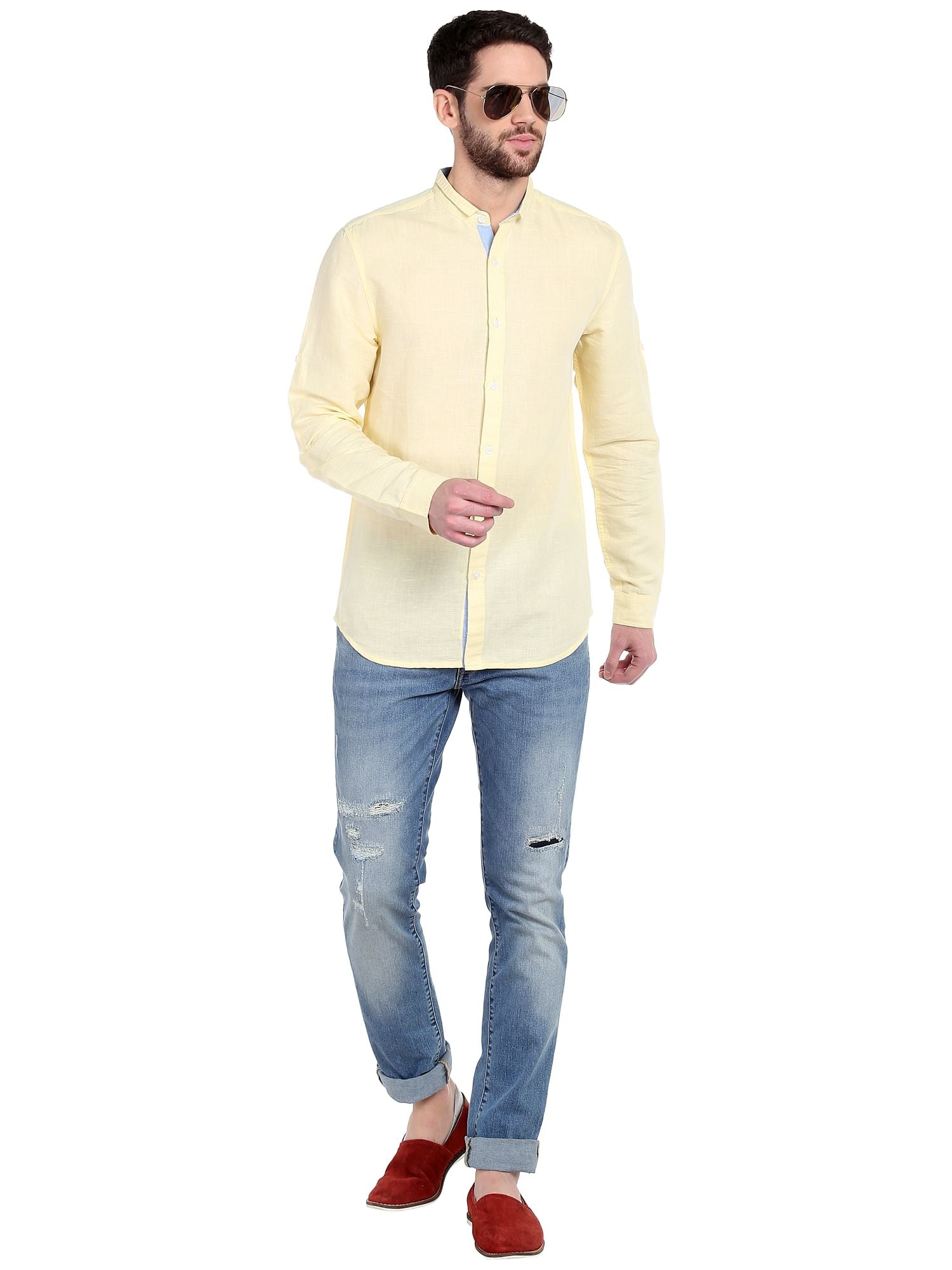 Yellow Mandarin Collar Shirt