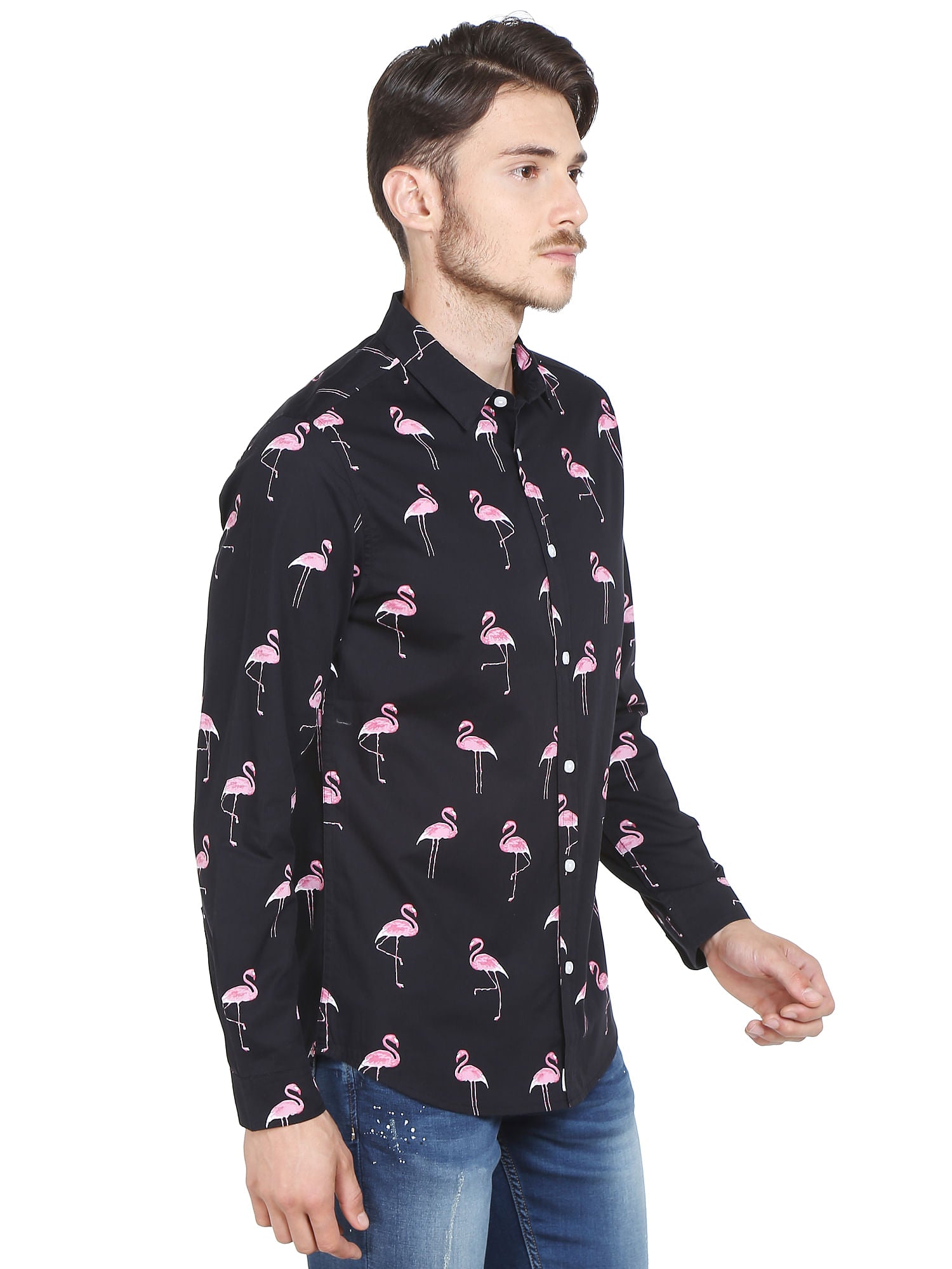 Black Flamingo Print Slim Fit Shirt