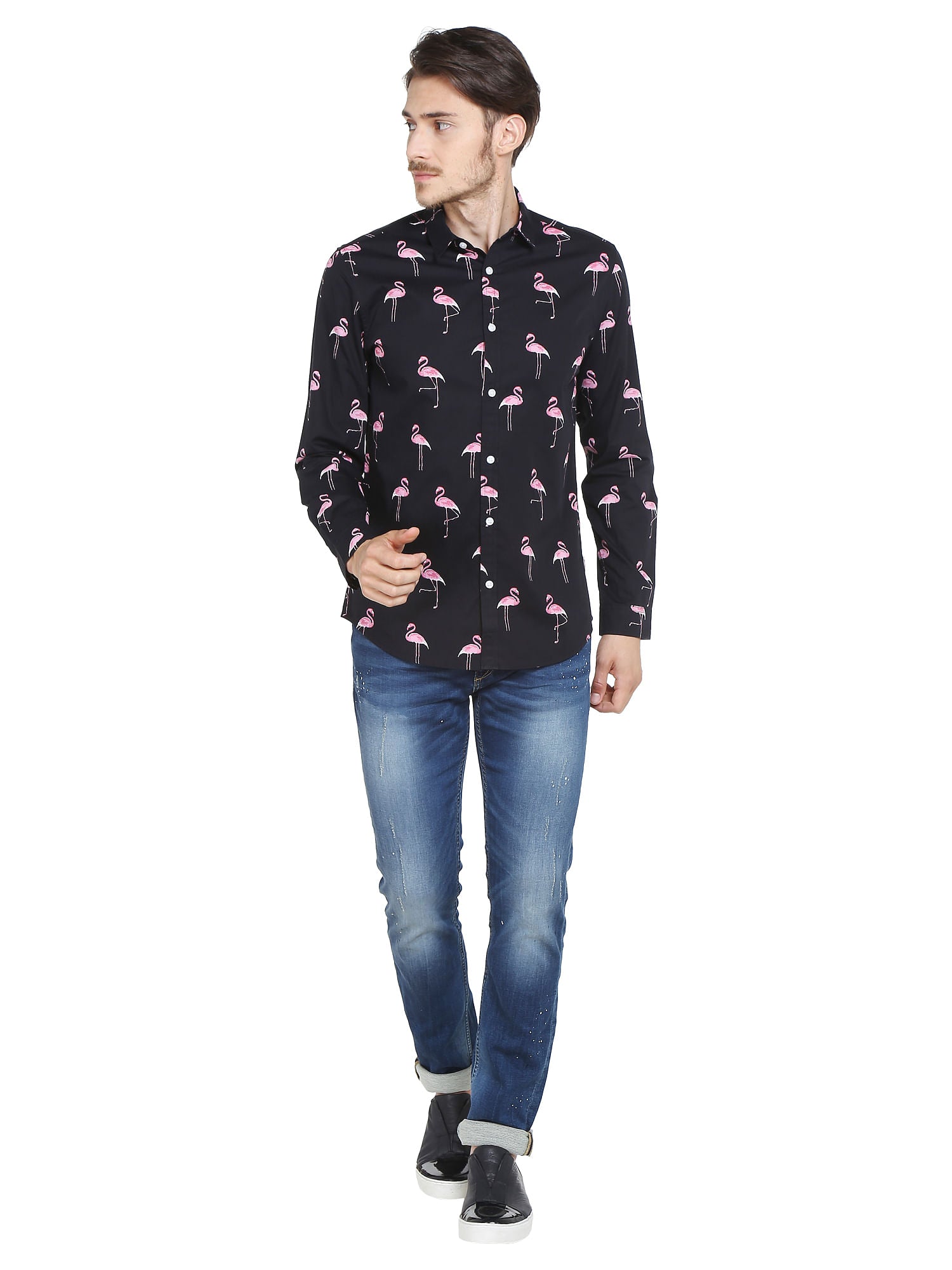 Black Flamingo Print Slim Fit Shirt