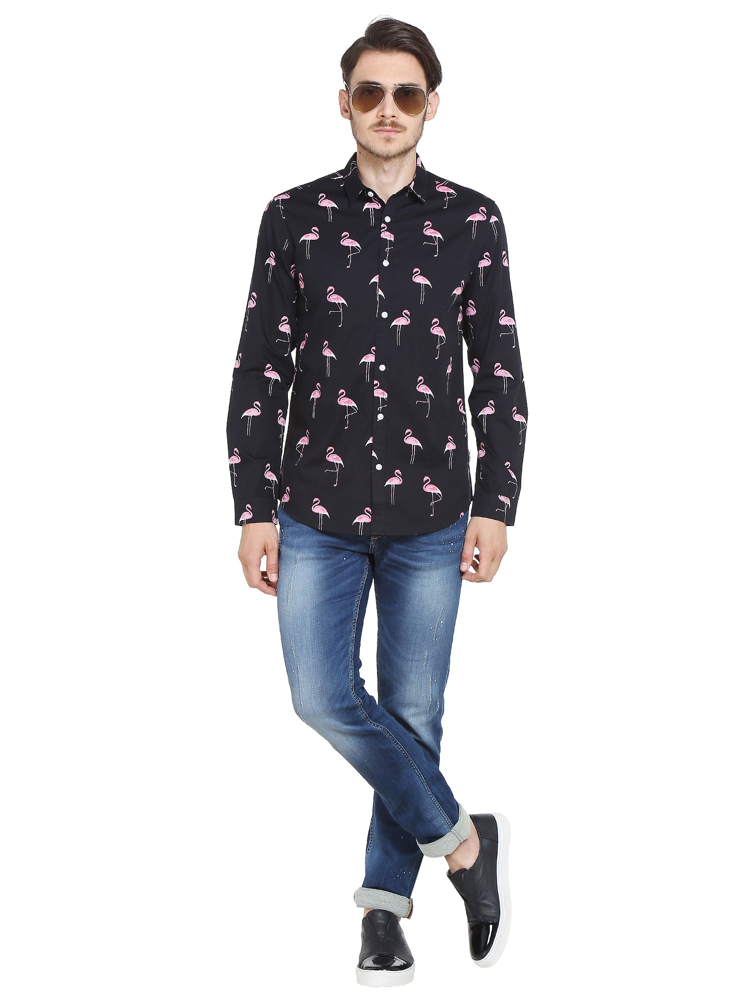 Black Flamingo Print Slim Fit Shirt
