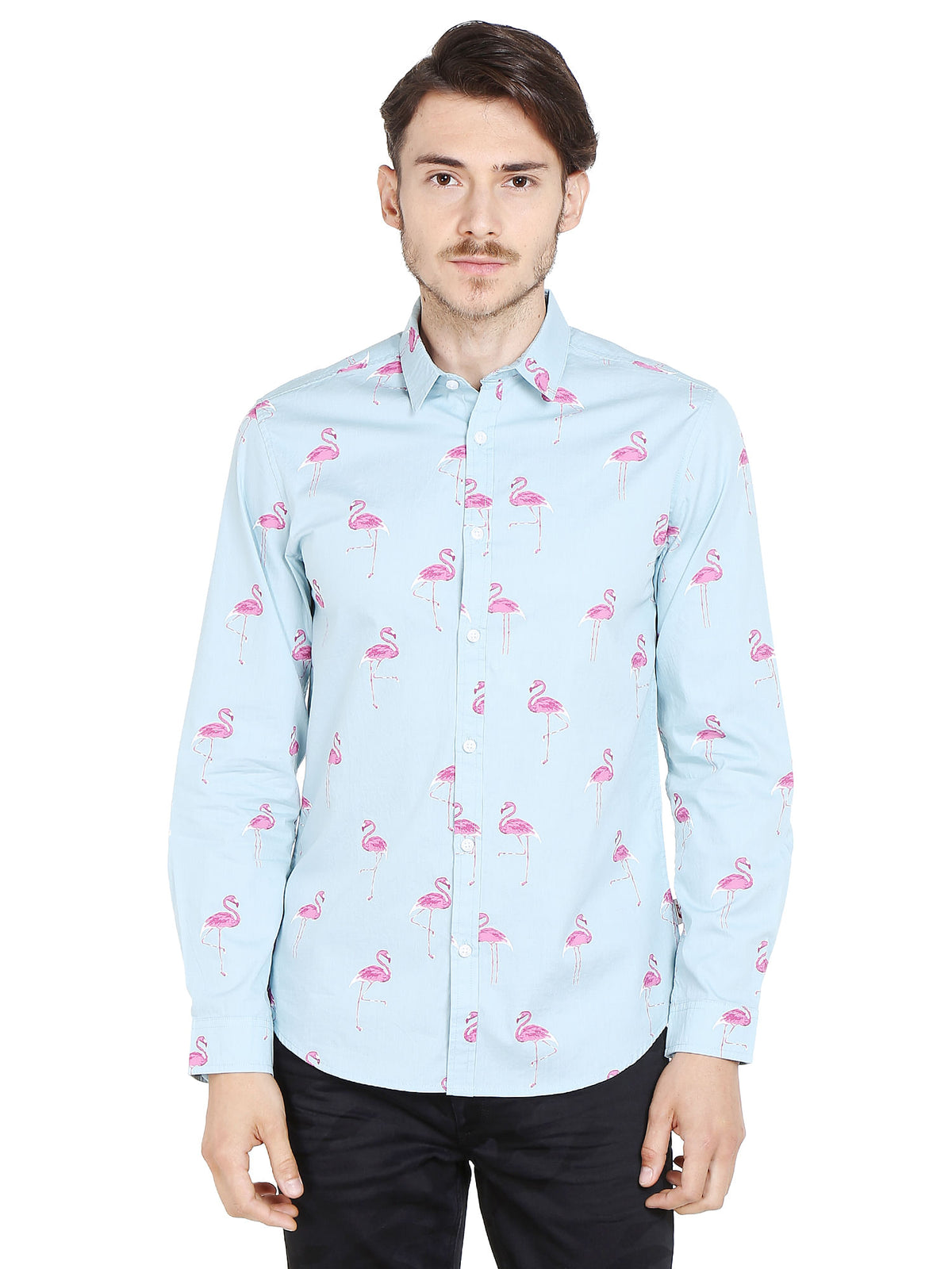 Light Blue Flamingo Print Slim Fit Shirt - S