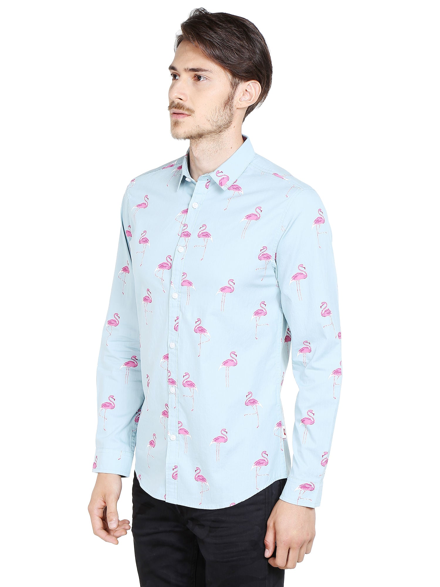 Light Blue Flamingo Print Slim Fit Shirt