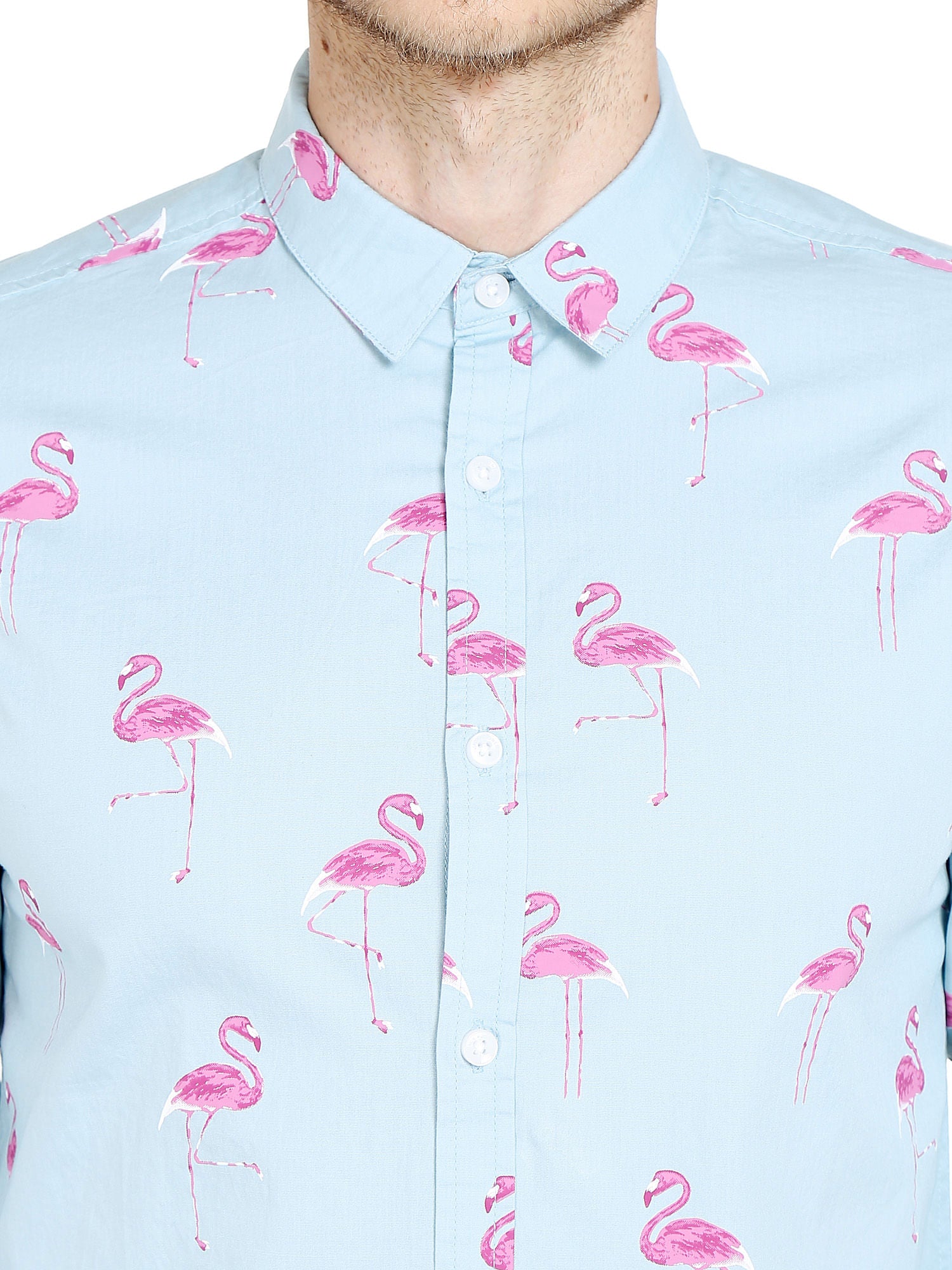 Light Blue Flamingo Print Slim Fit Shirt