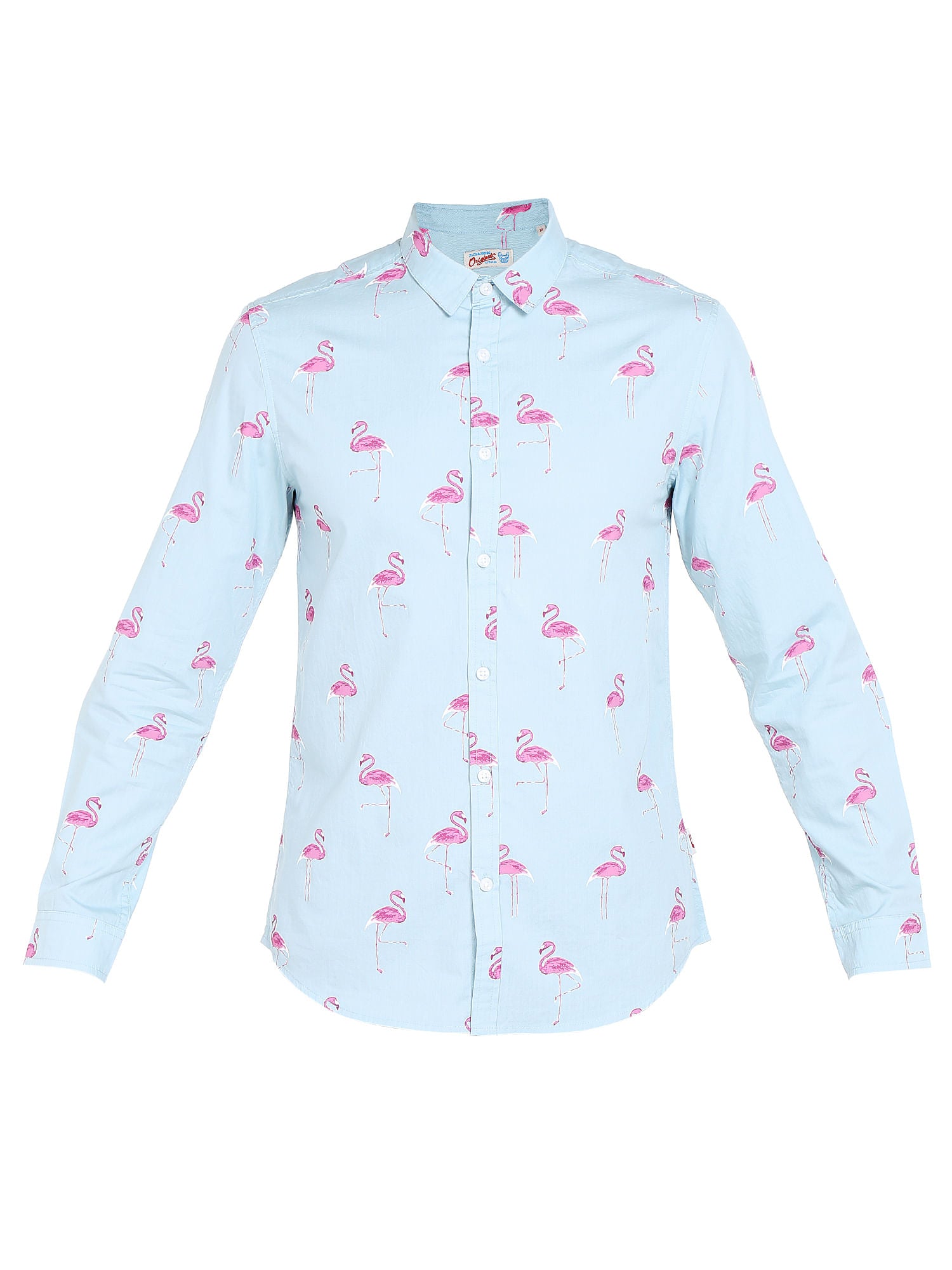 Light Blue Flamingo Print Slim Fit Shirt