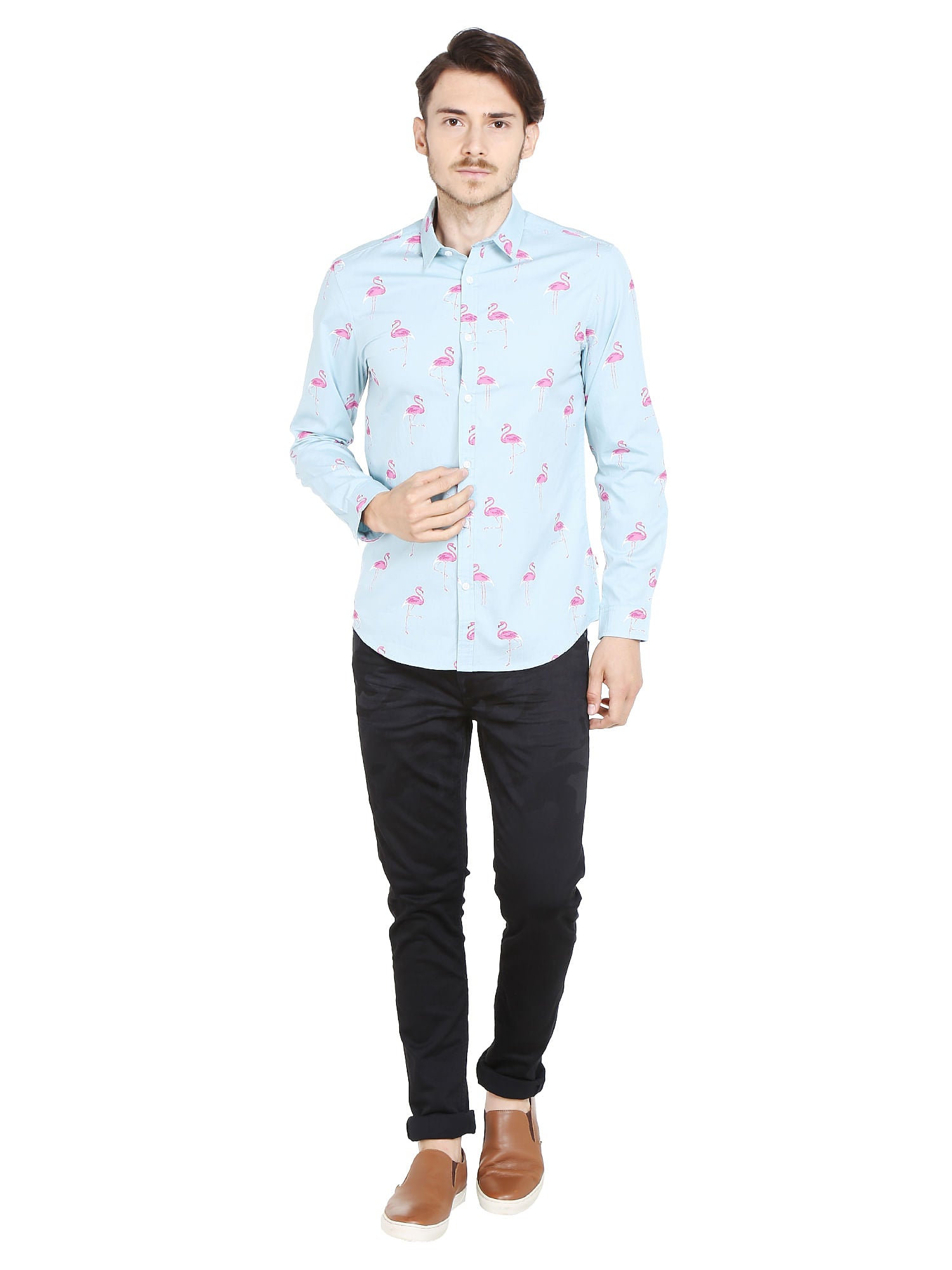 Light Blue Flamingo Print Slim Fit Shirt
